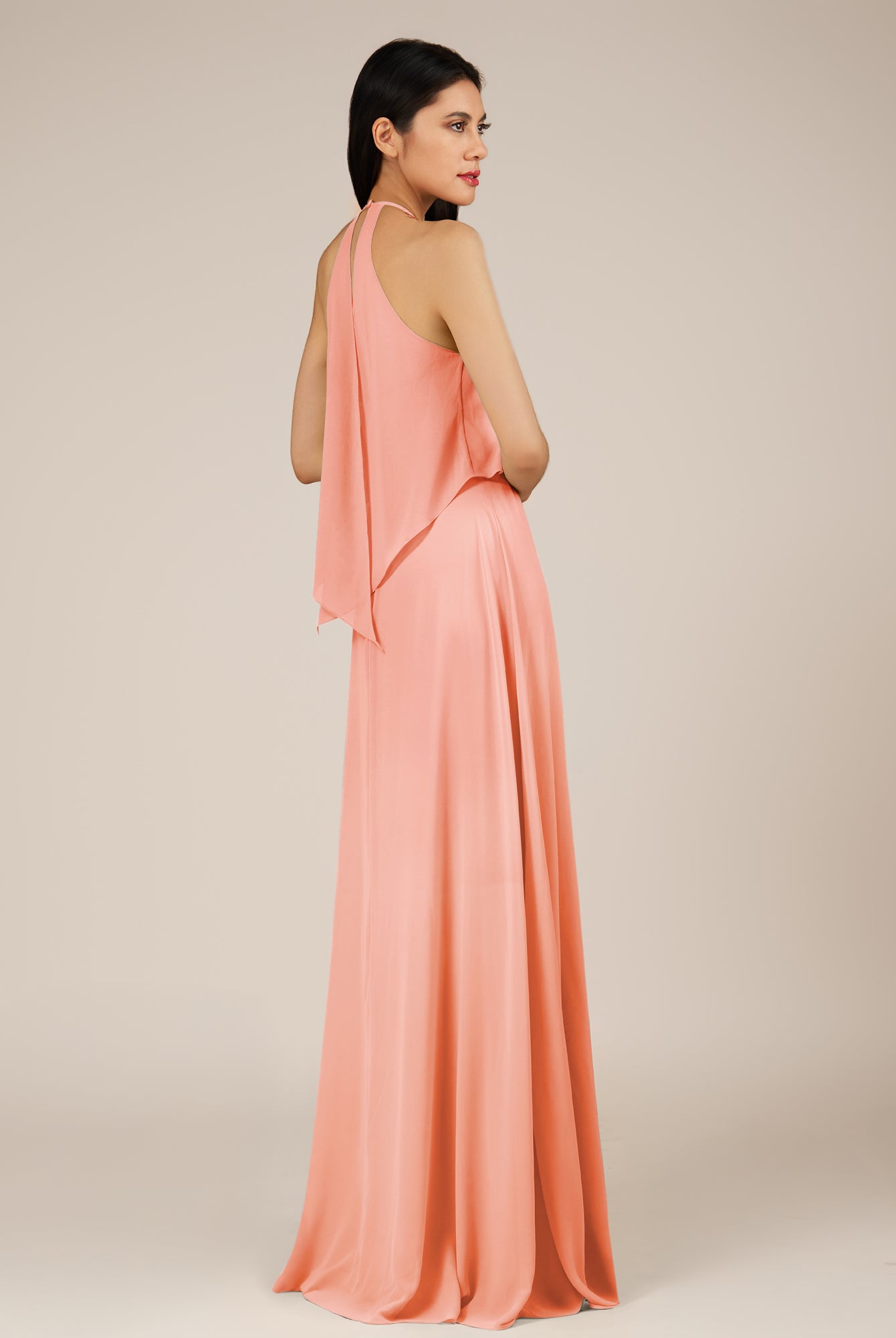 KissDress-Rhoswen Rosette Sheath Chiffon Halter Neck Long Bridesmaid Dress