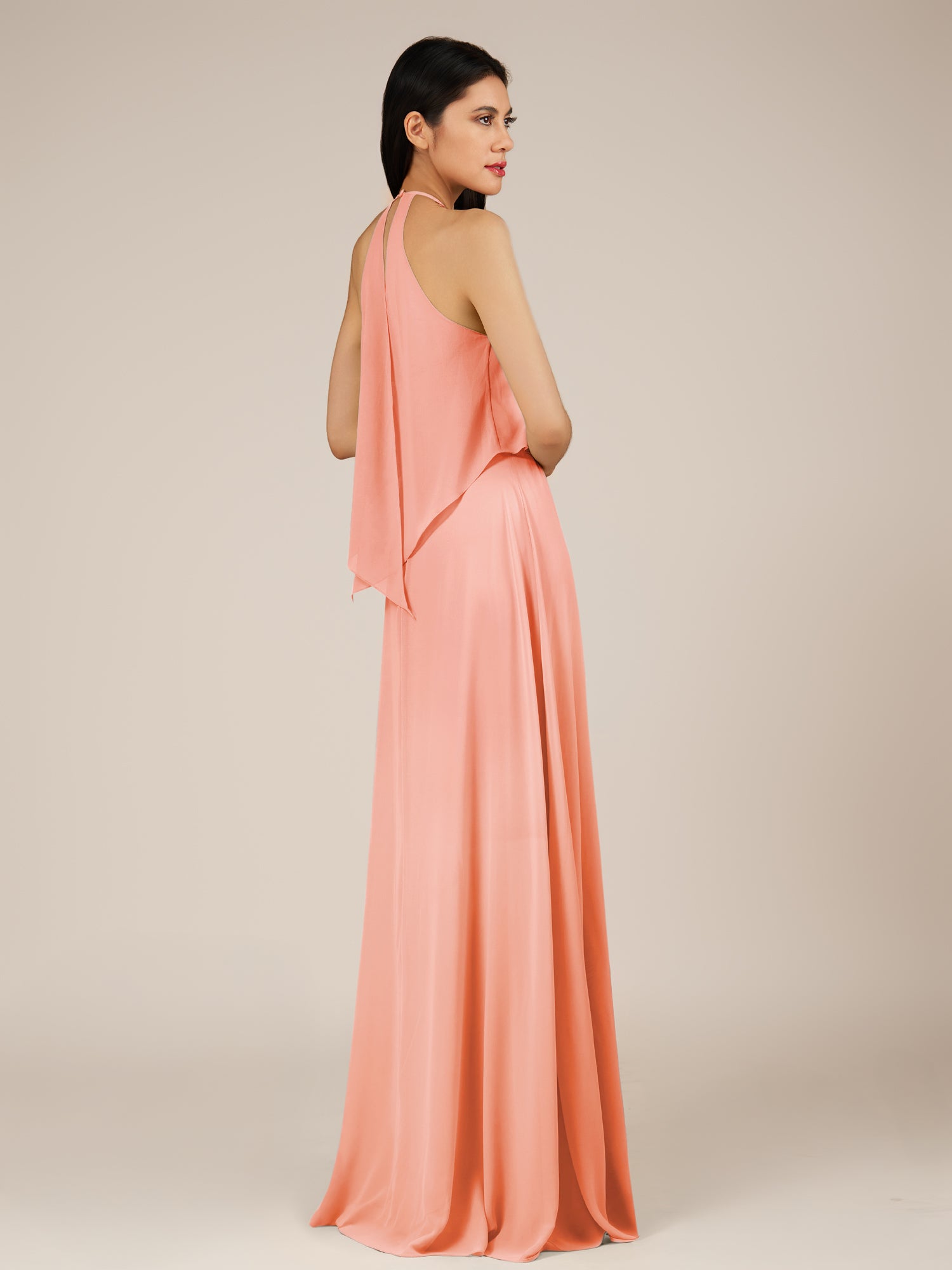 KissDress-Rhoswen Rosette Sheath Chiffon Halter Neck Long Bridesmaid Dress