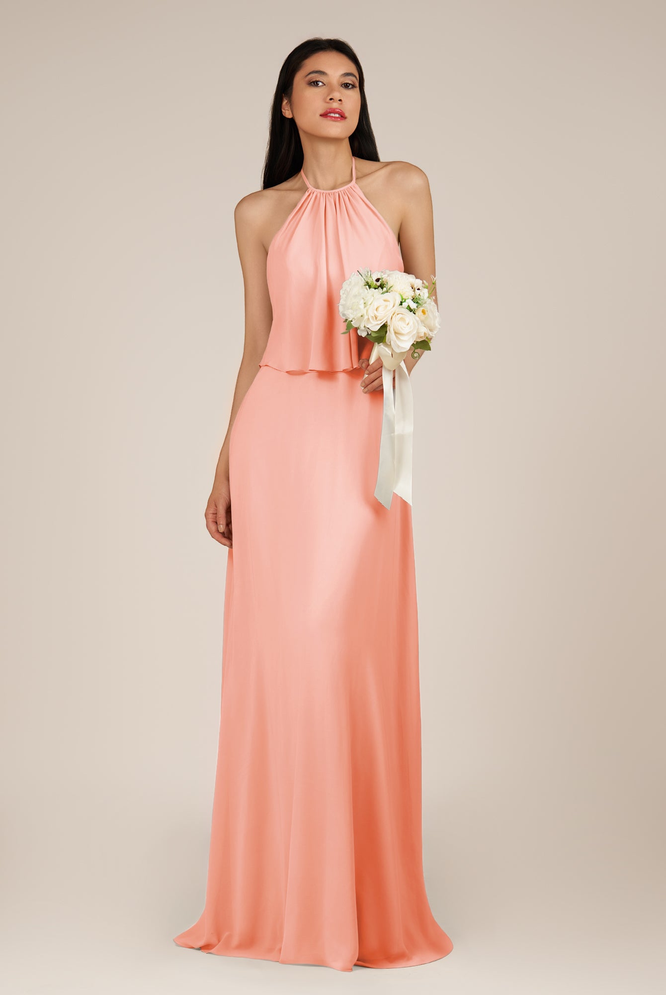 KissDress-Rhoswen Rosette Sheath Chiffon Halter Neck Long Bridesmaid Dress