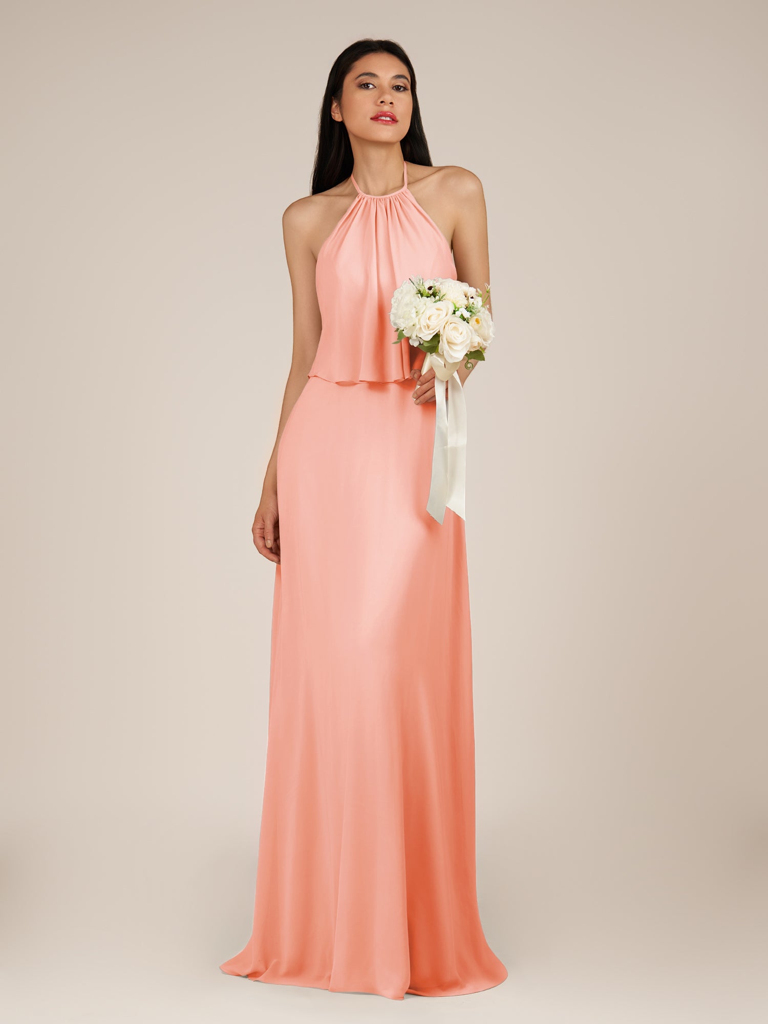 KissDress-Rhoswen Rosette Sheath Chiffon Halter Neck Long Bridesmaid Dress
