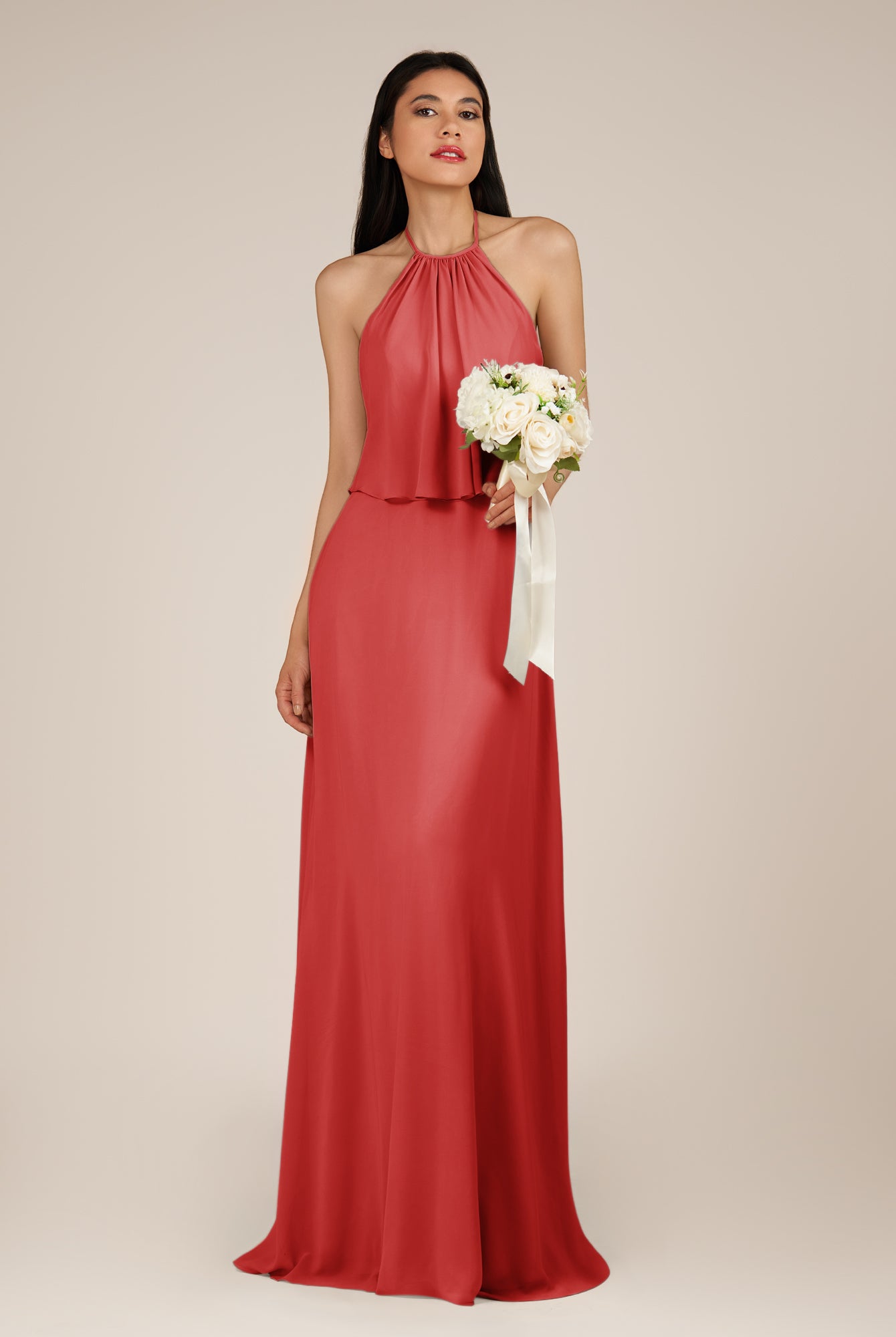 KissDress-Rhoswen Ruby Red Sheath Chiffon Halter Neck Long Bridesmaid Dress