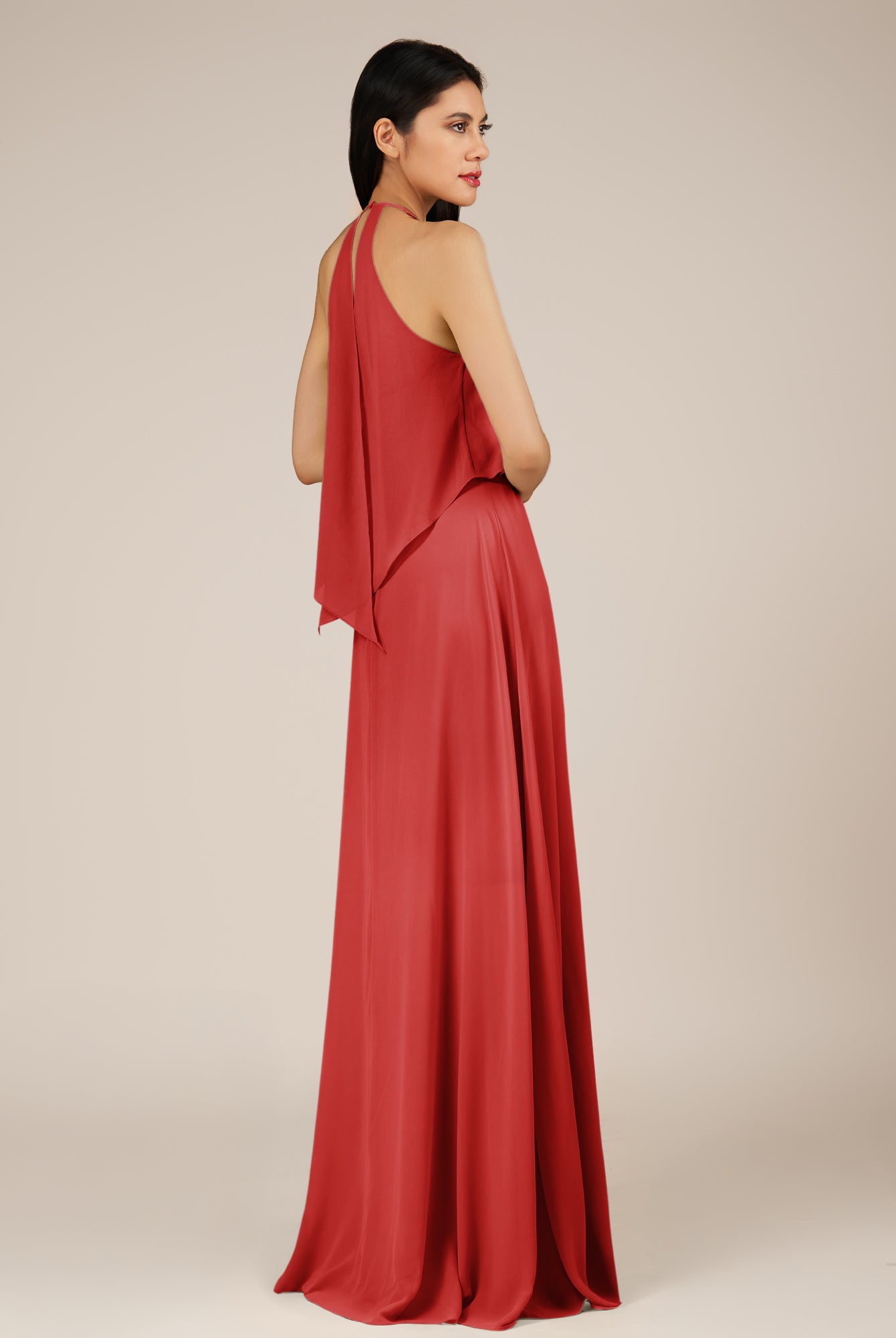 KissDress-Rhoswen Ruby Red Sheath Chiffon Halter Neck Long Bridesmaid Dress
