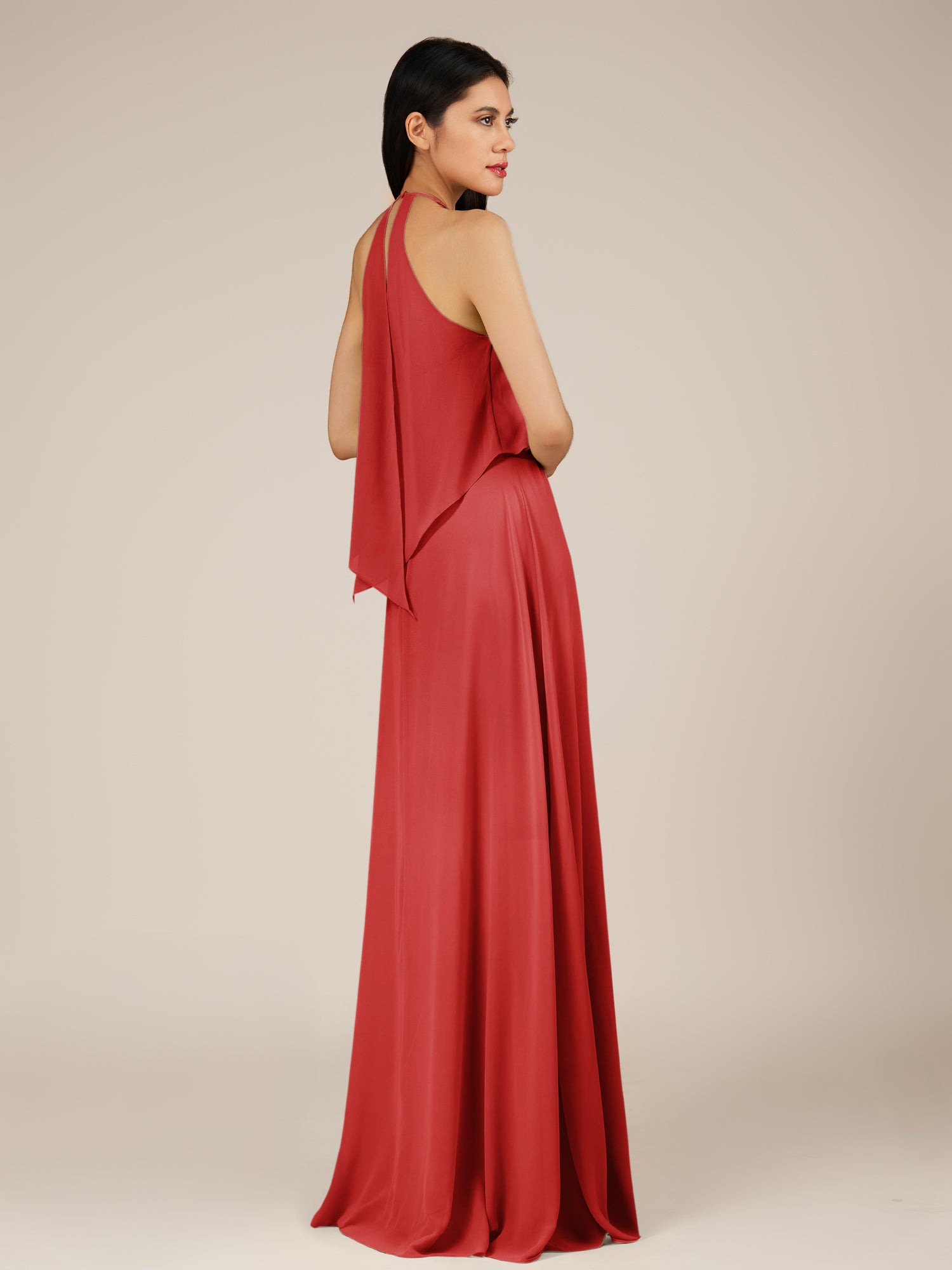 KissDress-Rhoswen Ruby Red Sheath Chiffon Halter Neck Long Bridesmaid Dress