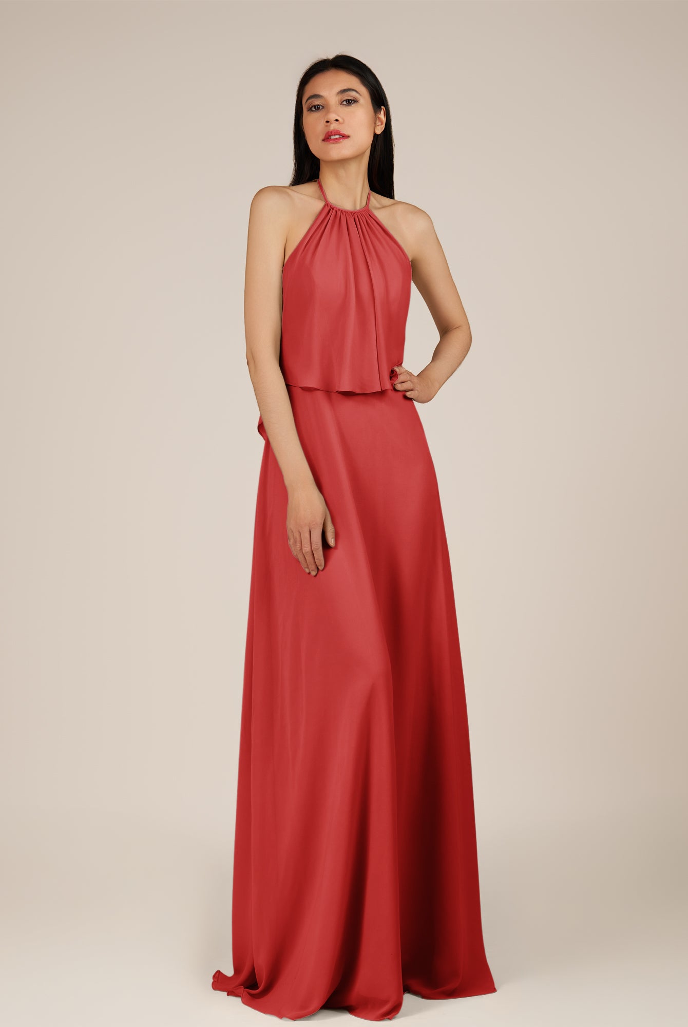 KissDress-Rhoswen Ruby Red Sheath Chiffon Halter Neck Long Bridesmaid Dress