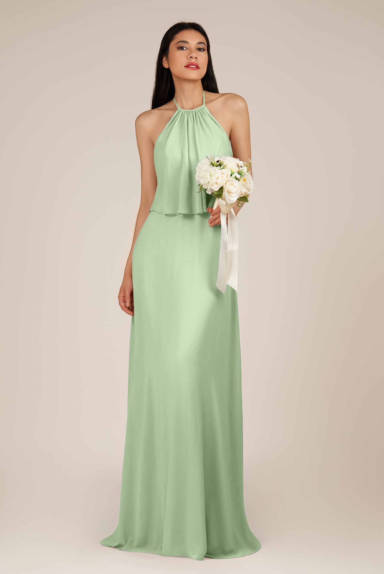 KissDress-Rhoswen Sage Sheath Chiffon Halter Neck Long Bridesmaid Dress