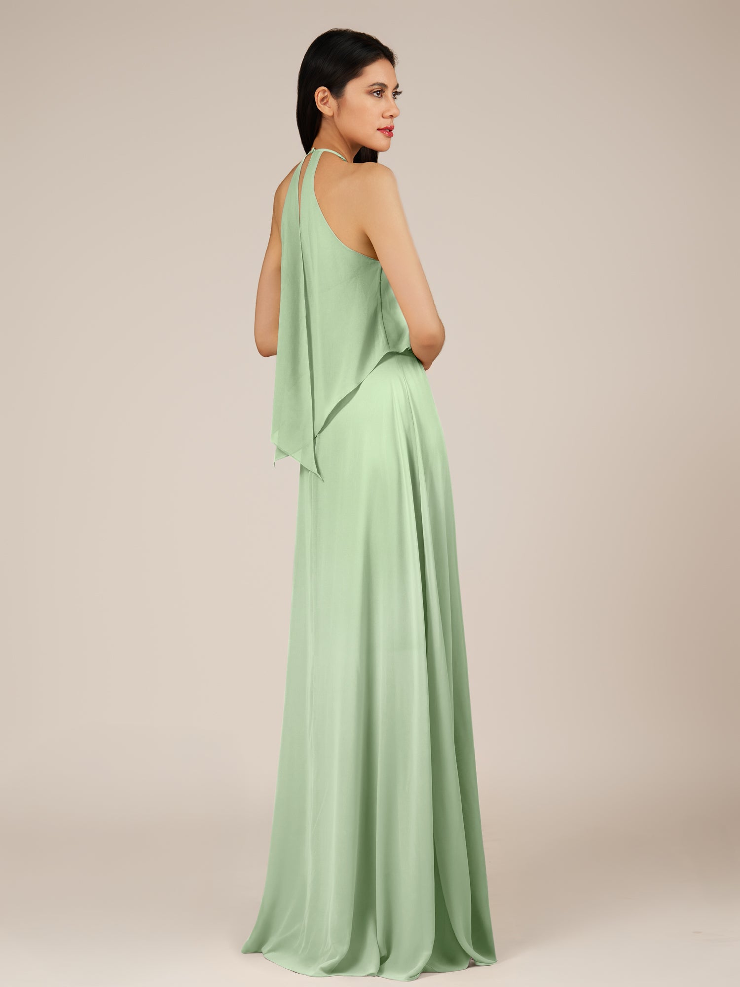 KissDress-Rhoswen Sage Sheath Chiffon Halter Neck Long Bridesmaid Dress