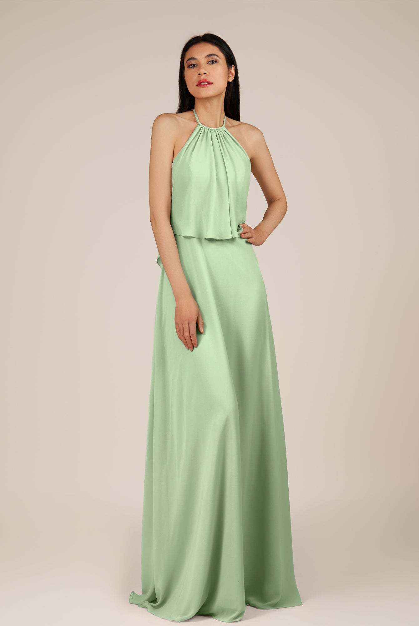 KissDress-Rhoswen Sage Sheath Chiffon Halter Neck Long Bridesmaid Dress