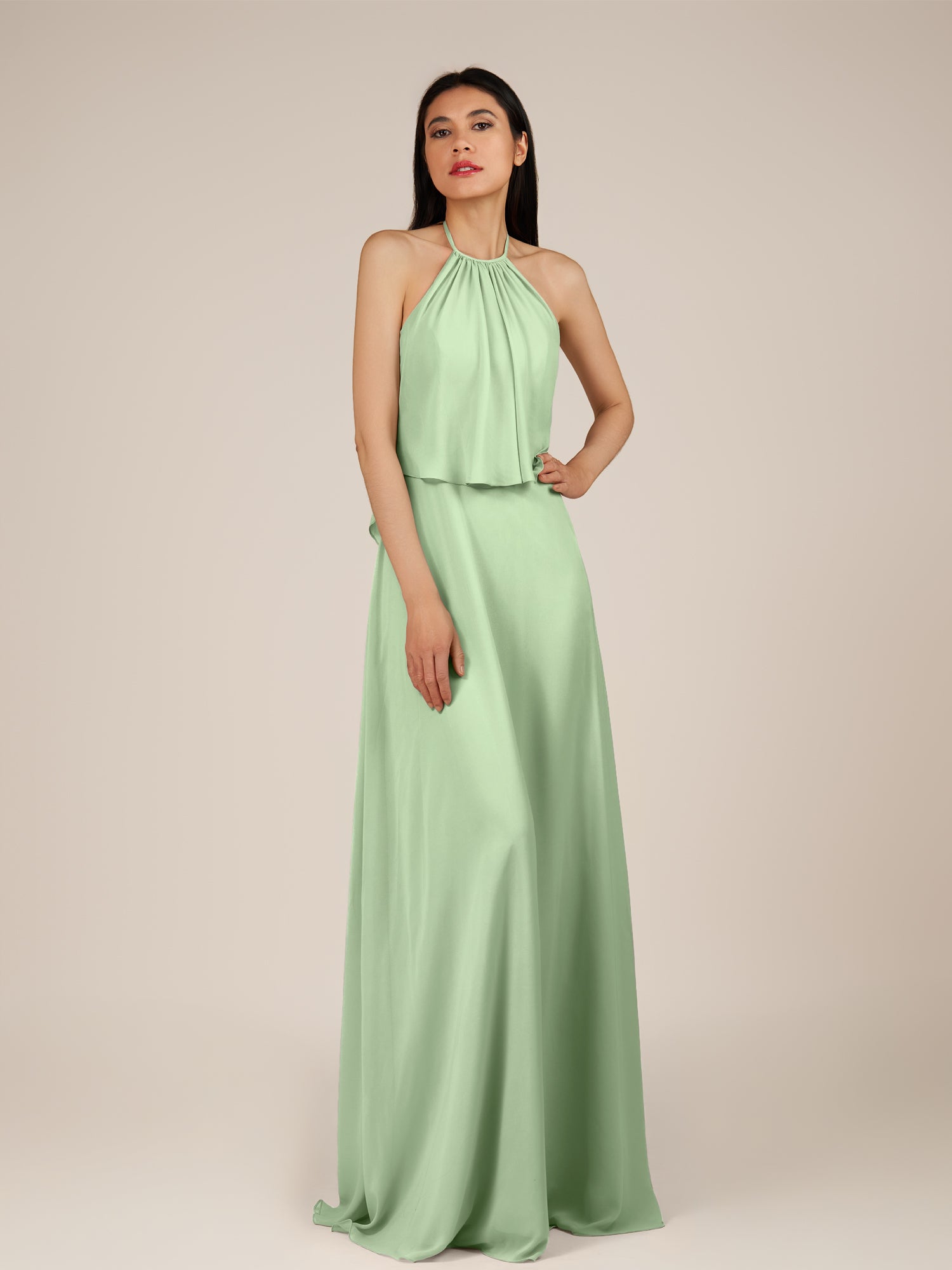 KissDress-Rhoswen Sage Sheath Chiffon Halter Neck Long Bridesmaid Dress