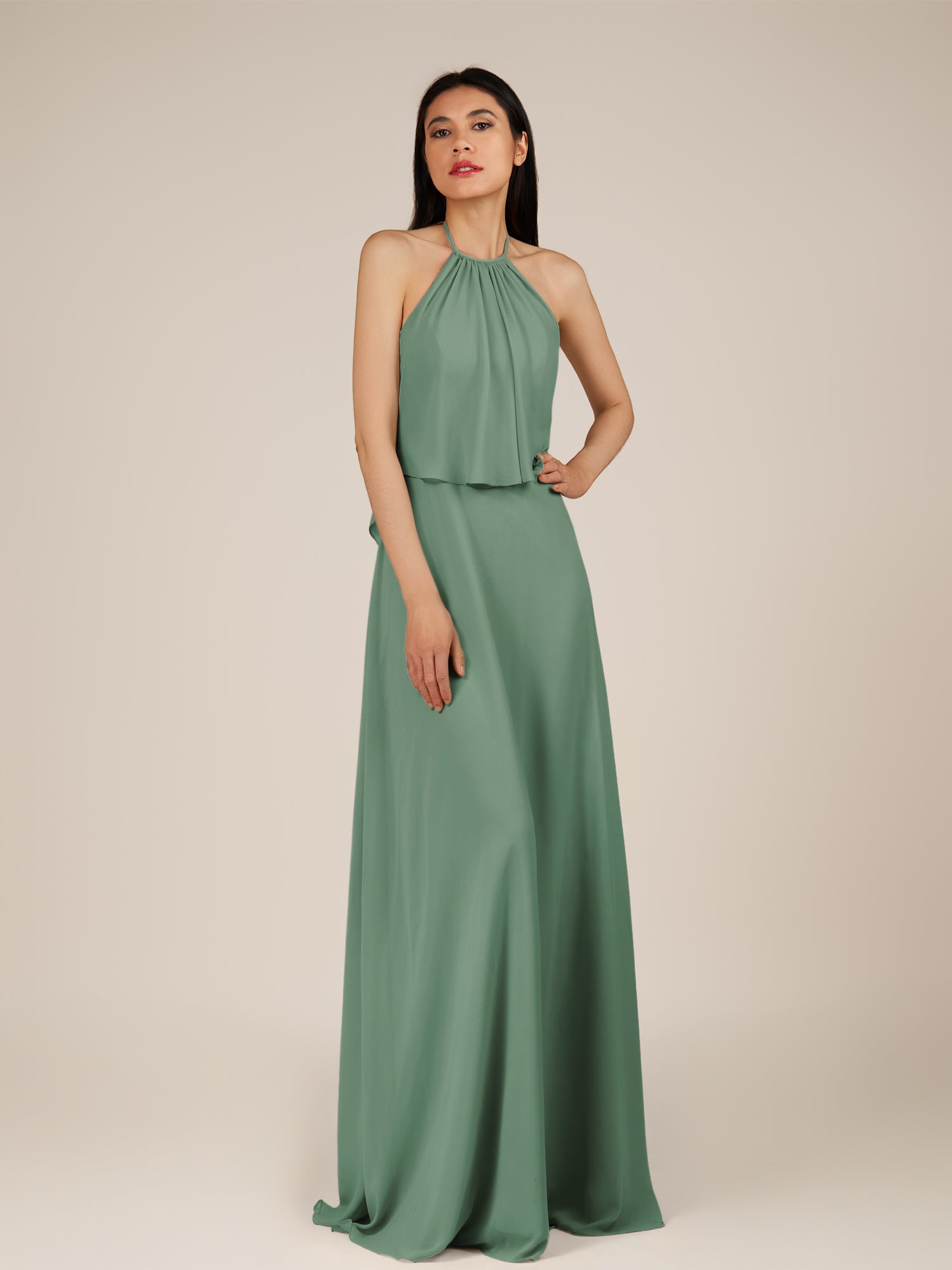 KissDress-Rhoswen Sea Glass Sheath Chiffon Halter Neck Long Bridesmaid Dress