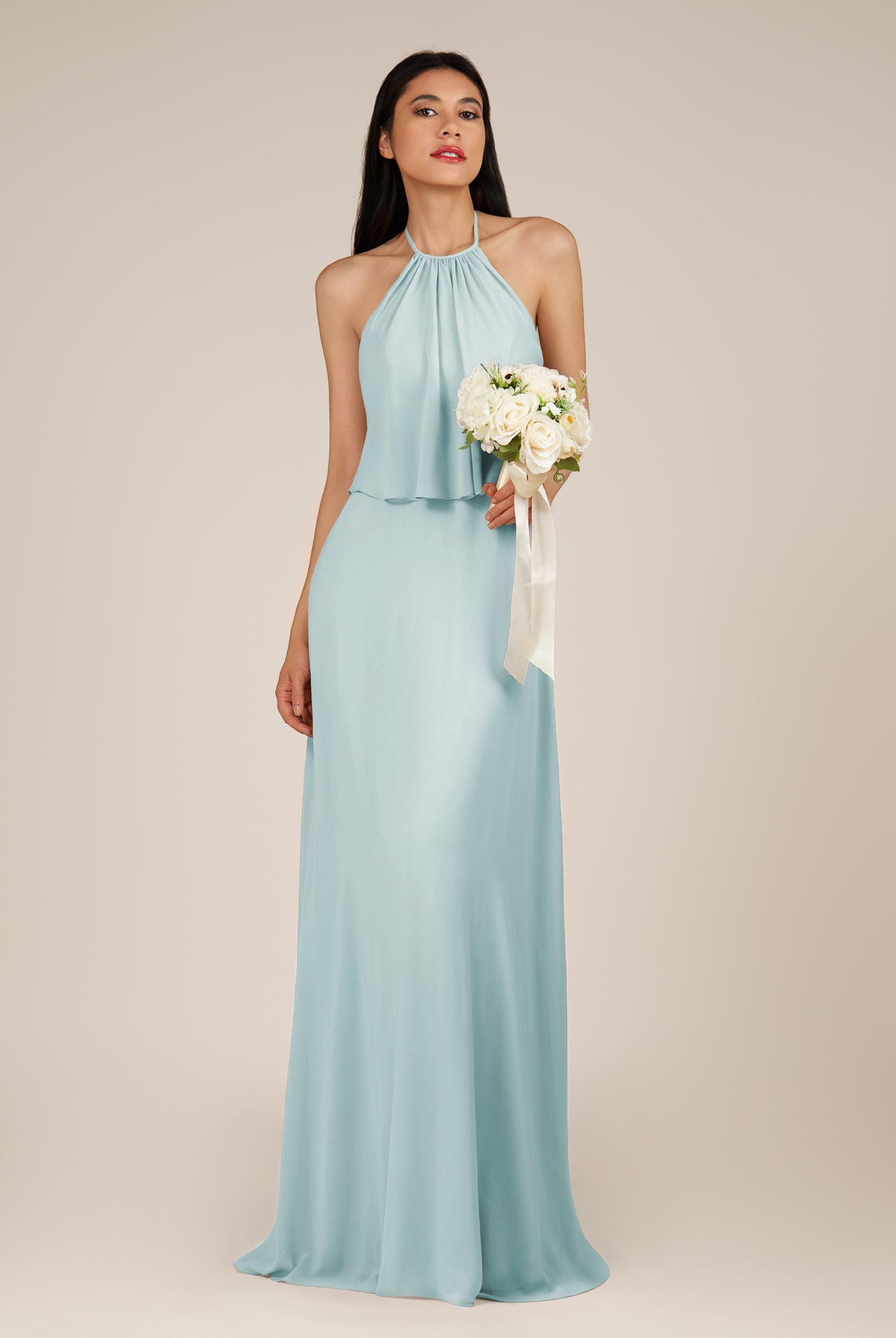KissDress-Rhoswen Sky Blue Sheath Chiffon Halter Neck Long Bridesmaid Dress