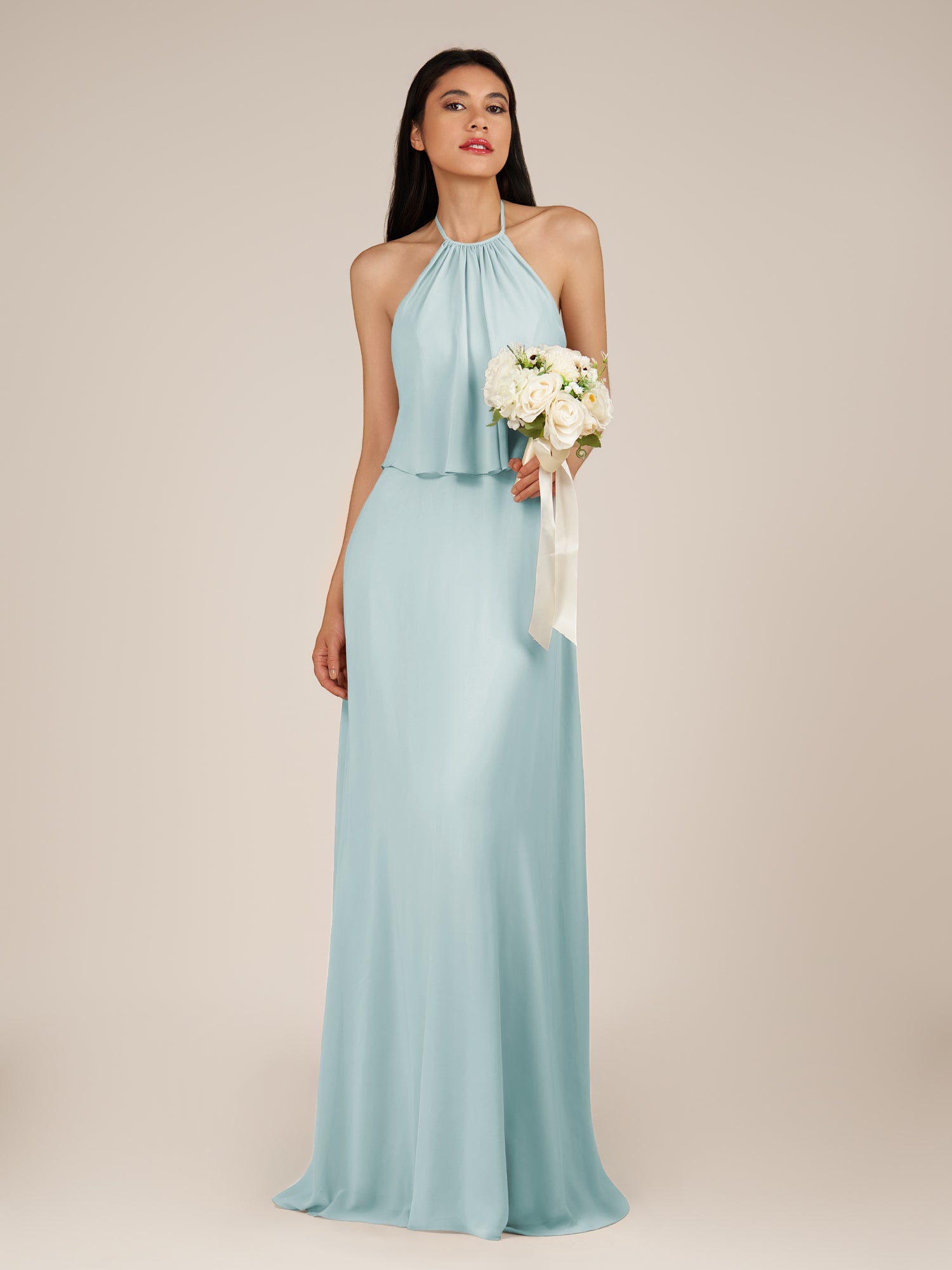 KissDress-Rhoswen Sky Blue Sheath Chiffon Halter Neck Long Bridesmaid Dress