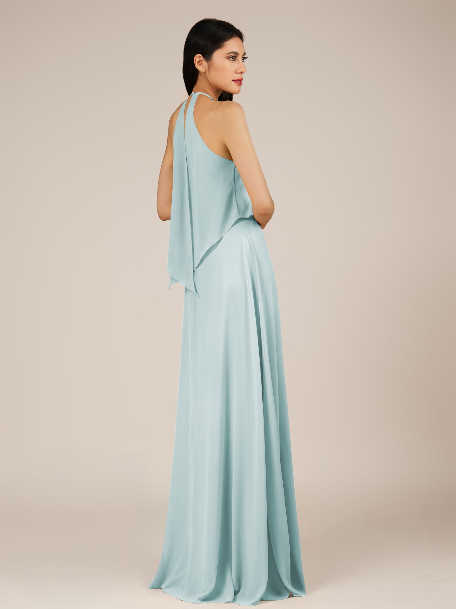 KissDress-Rhoswen Sky Blue Sheath Chiffon Halter Neck Long Bridesmaid Dress