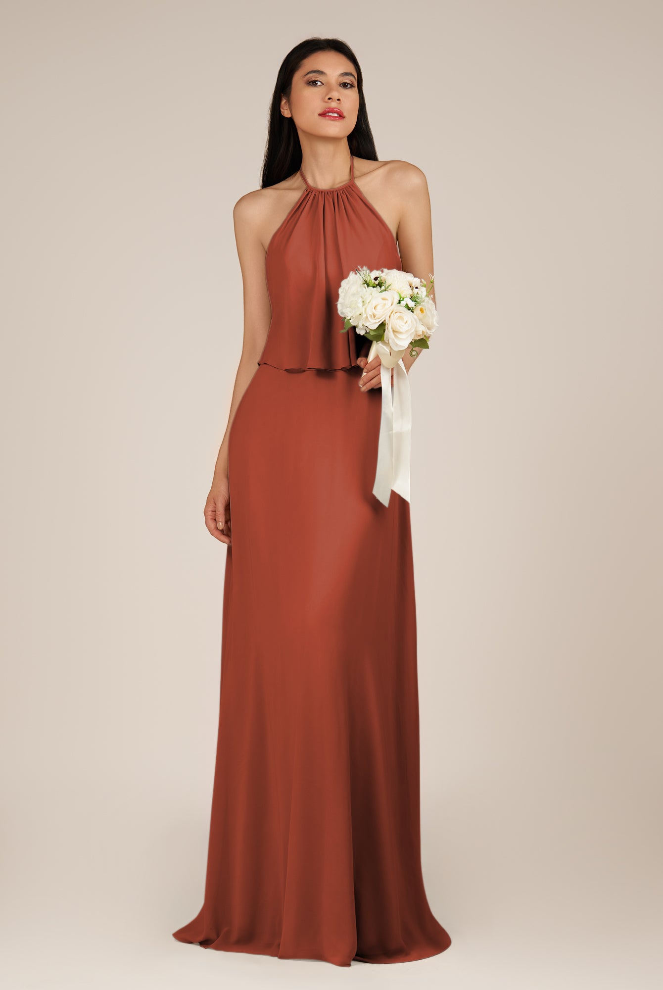 KissDress-Rhoswen Spice Sheath Chiffon Halter Neck Long Bridesmaid Dress