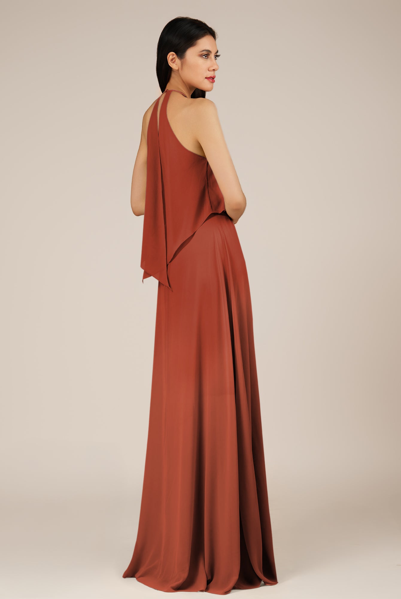 KissDress-Rhoswen Spice Sheath Chiffon Halter Neck Long Bridesmaid Dress