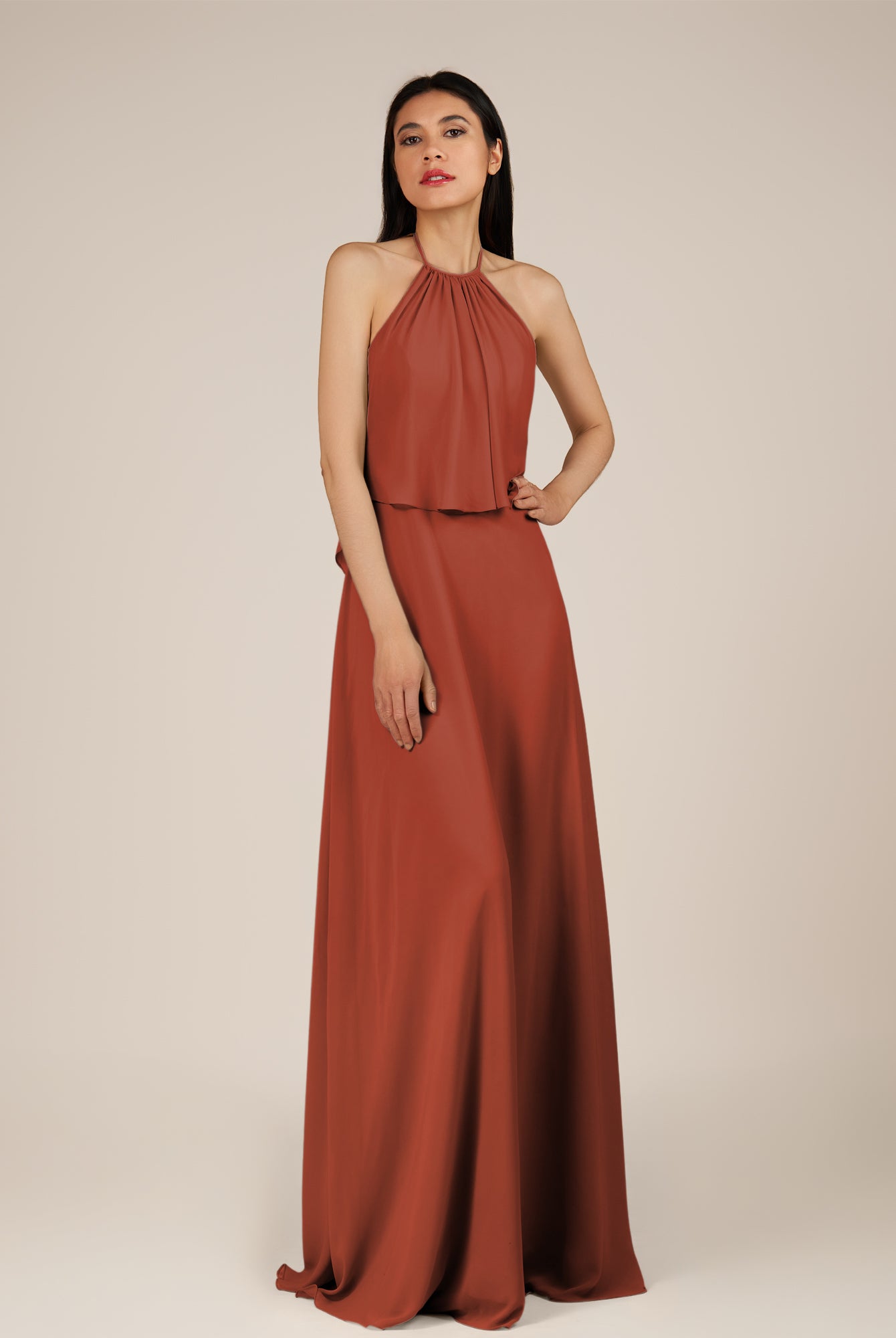 KissDress-Rhoswen Spice Sheath Chiffon Halter Neck Long Bridesmaid Dress
