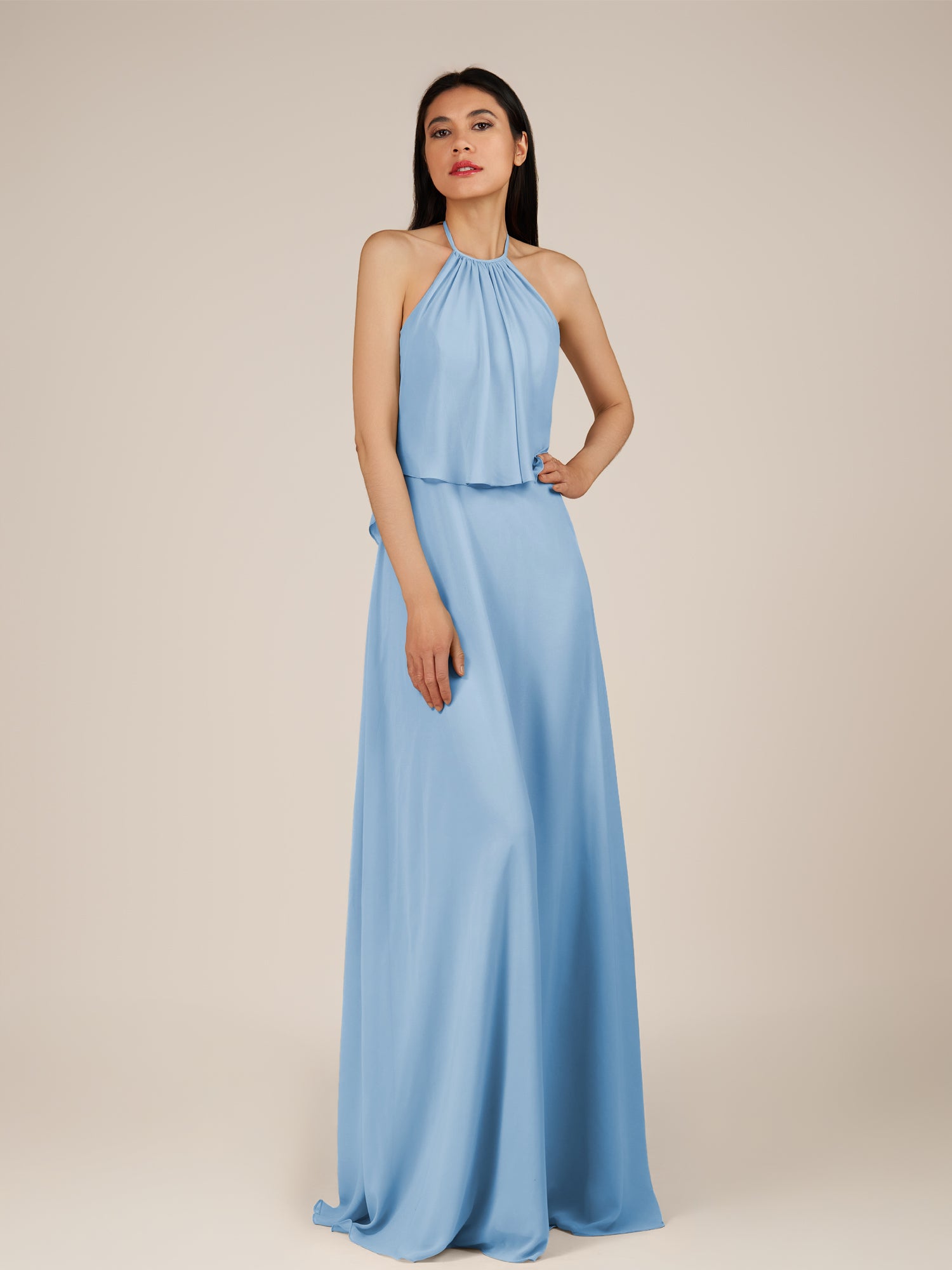 KissDress-Rhoswen Steel Blue Sheath Chiffon Halter Neck Long Bridesmaid Dress