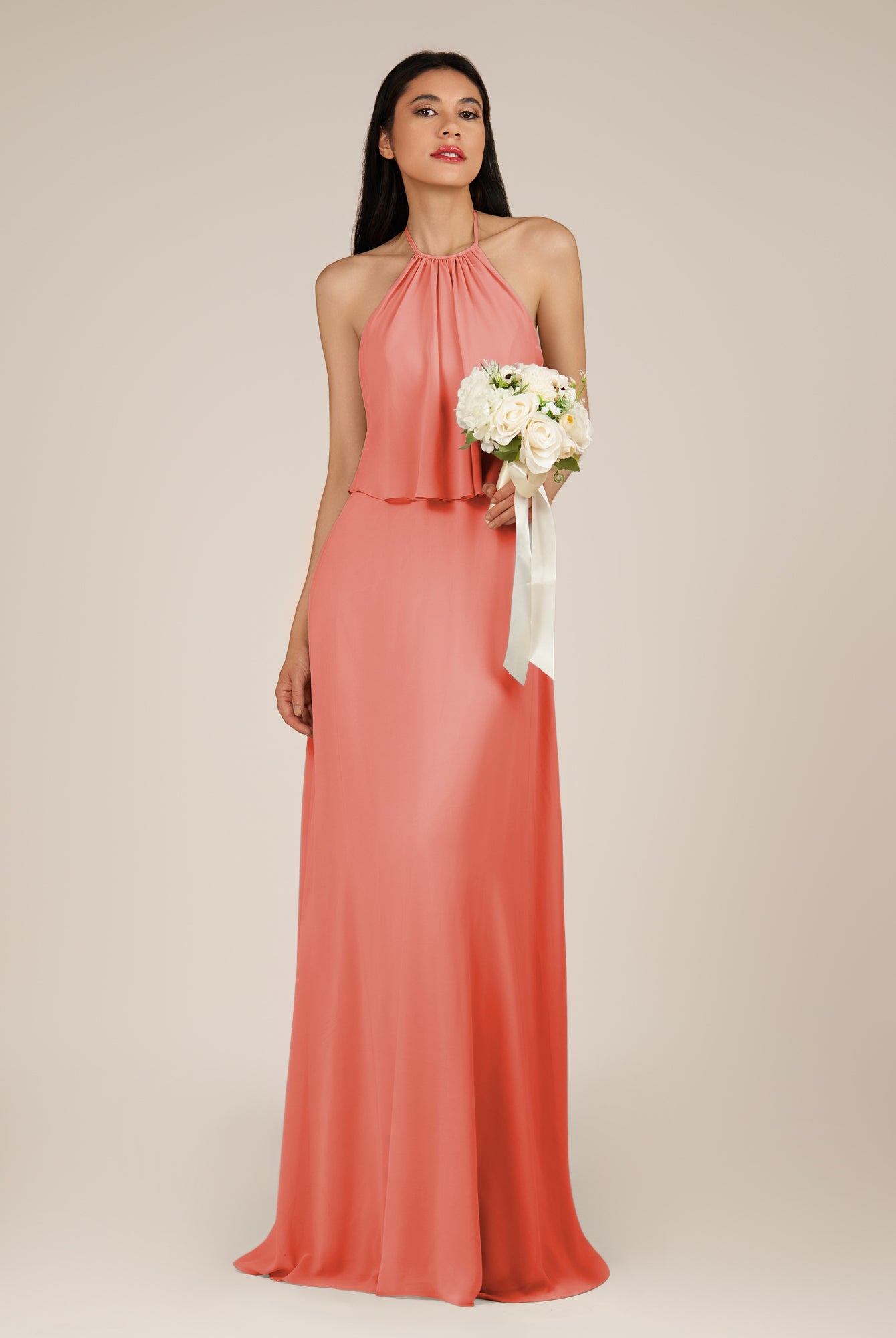 KissDress-Rhoswen Sunset Sheath Chiffon Halter Neck Long Bridesmaid Dress