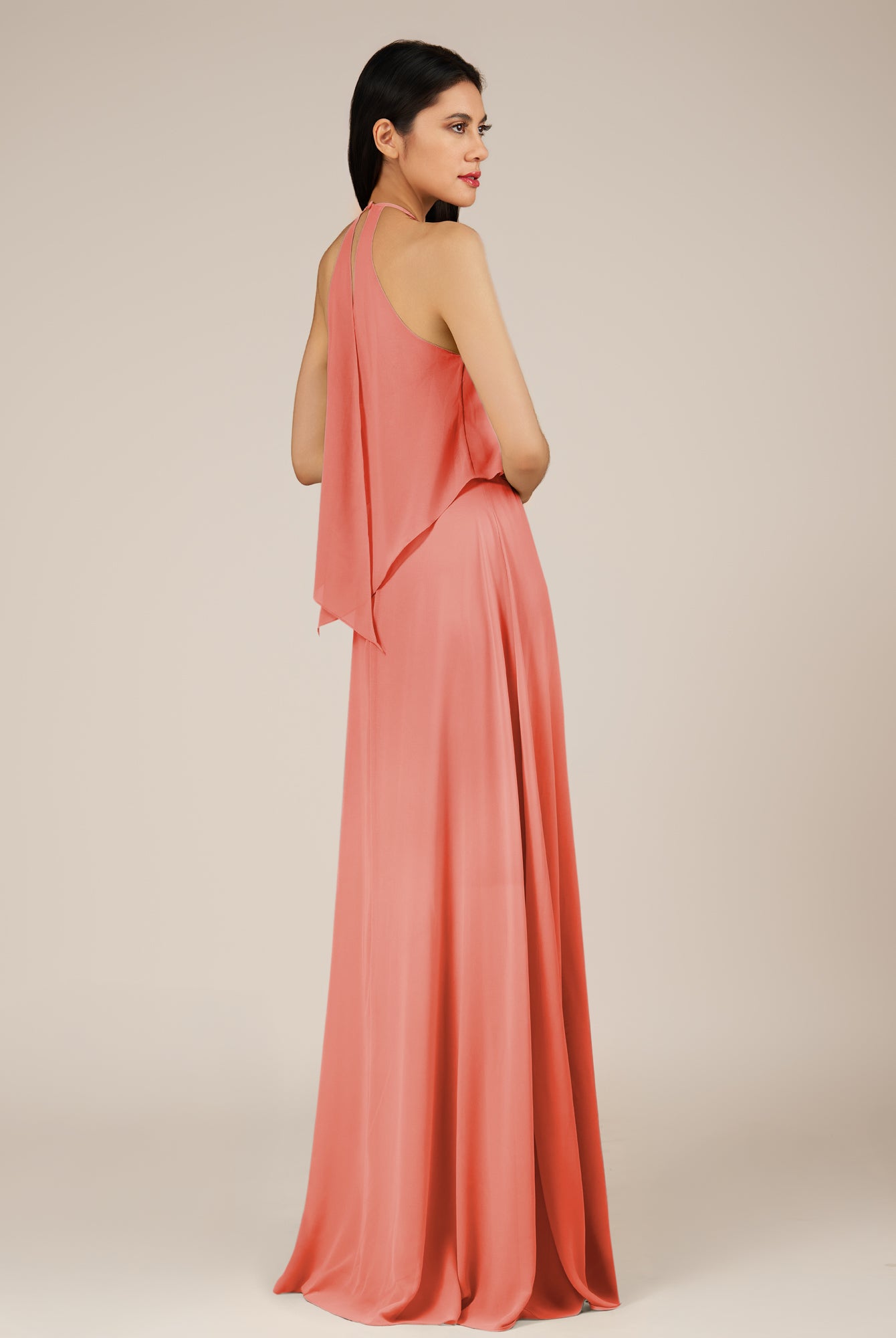 KissDress-Rhoswen Sunset Sheath Chiffon Halter Neck Long Bridesmaid Dress