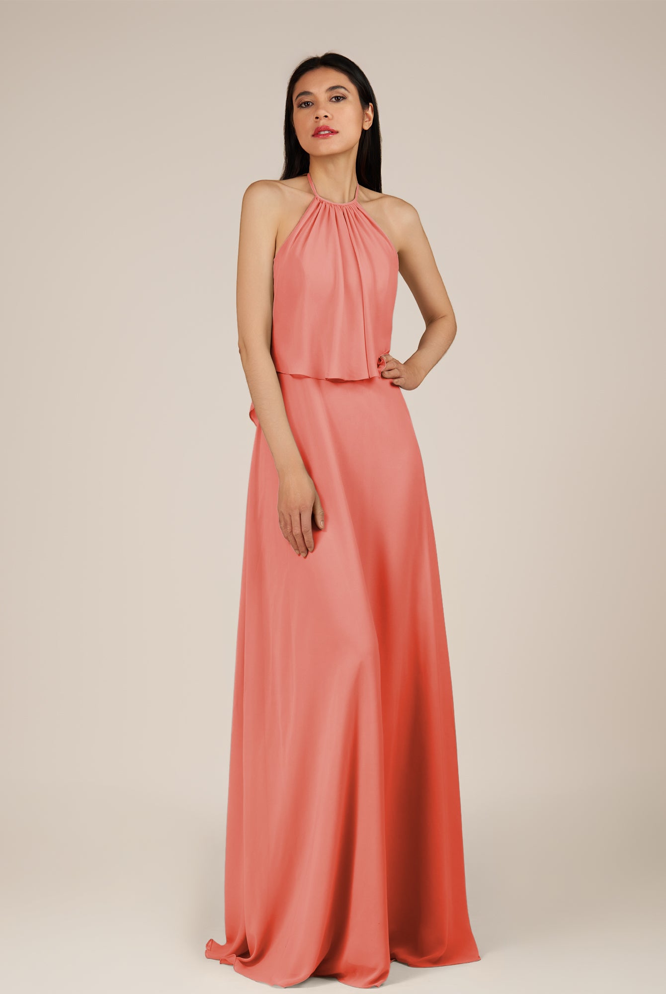 KissDress-Rhoswen Sunset Sheath Chiffon Halter Neck Long Bridesmaid Dress