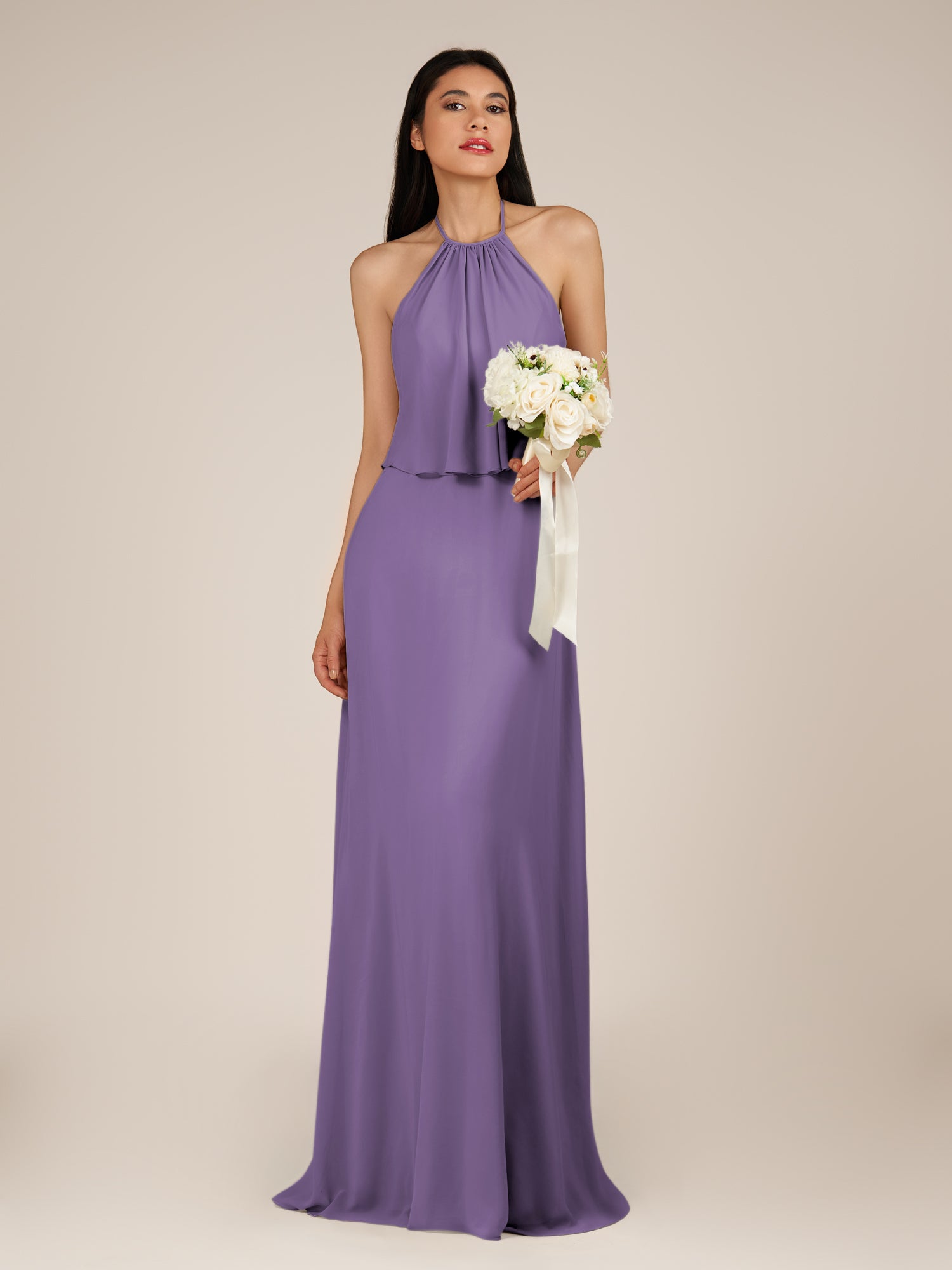 KissDress-Rhoswen Tahiti Sheath Chiffon Halter Neck Long Bridesmaid Dress