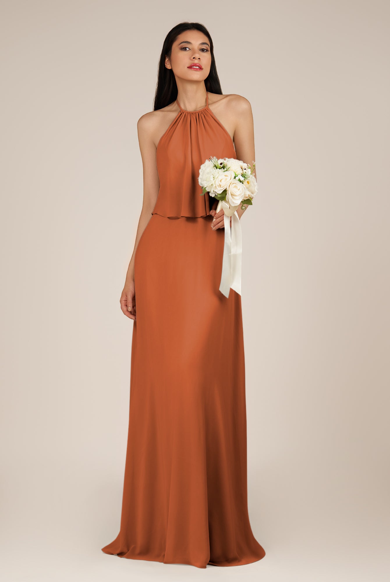 KissDress-Rhoswen Terracotta Sheath Chiffon Halter Neck Long Bridesmaid Dress