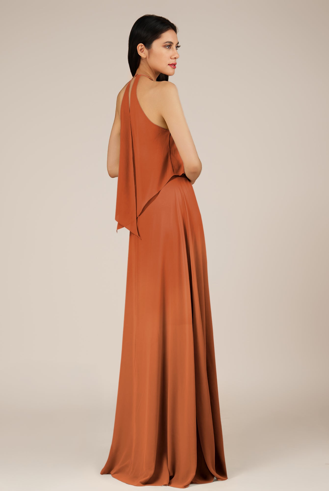 KissDress-Rhoswen Terracotta Sheath Chiffon Halter Neck Long Bridesmaid Dress