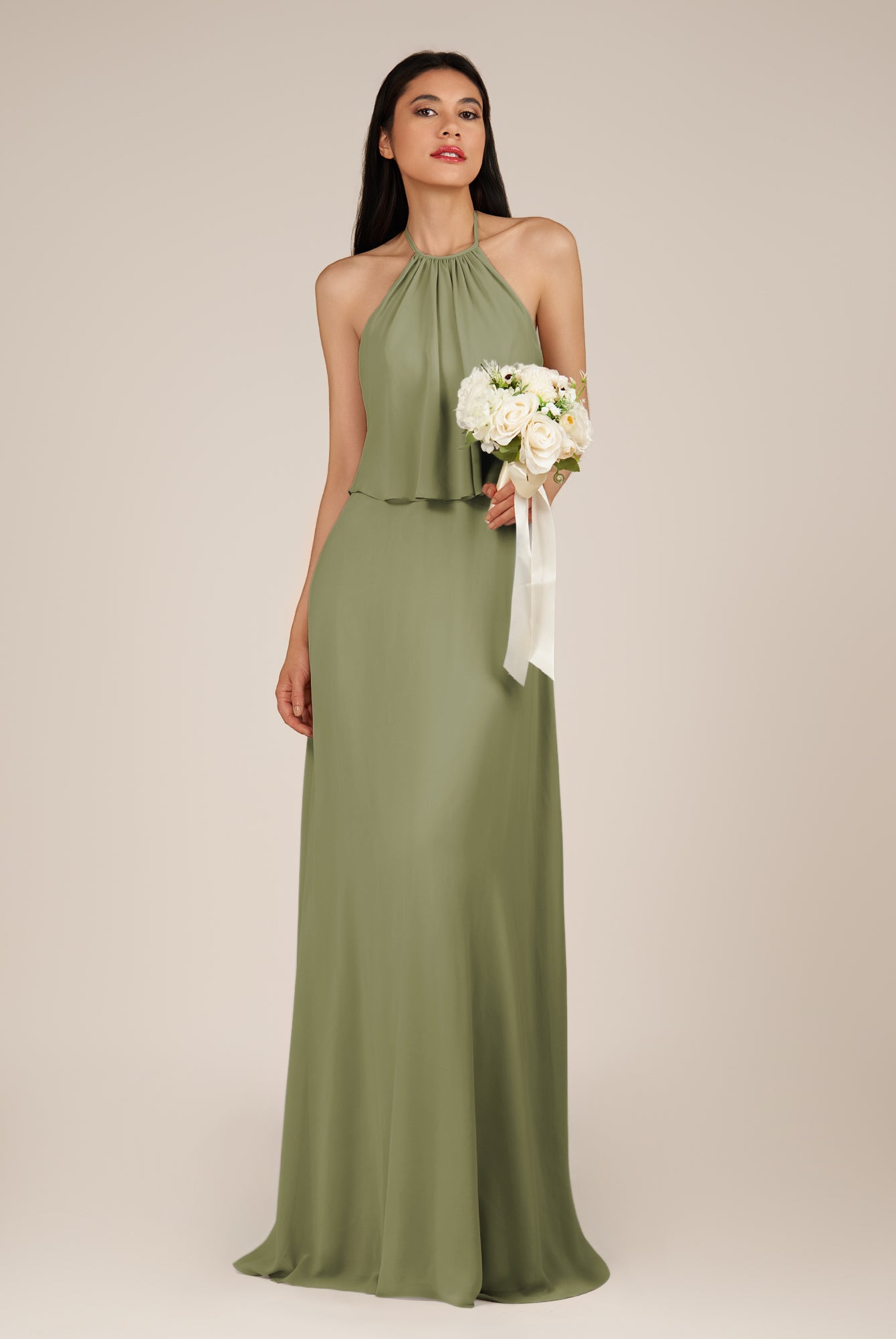 KissDress-Rhoswen Thyme Sheath Chiffon Halter Neck Long Bridesmaid Dress