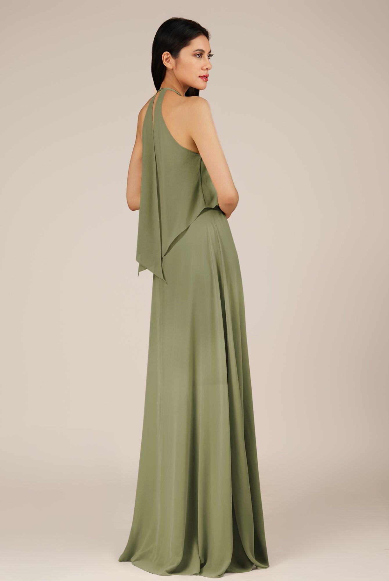 KissDress-Rhoswen Thyme Sheath Chiffon Halter Neck Long Bridesmaid Dress