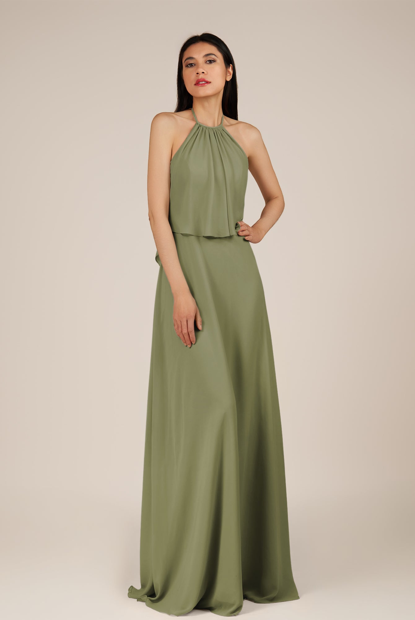 KissDress-Rhoswen Thyme Sheath Chiffon Halter Neck Long Bridesmaid Dress