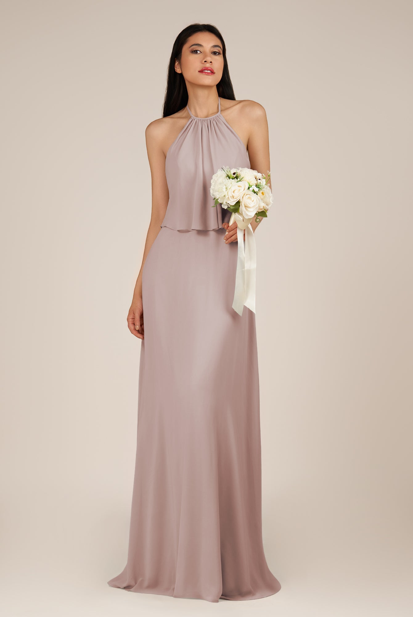 KissDress-Rhoswen Toffee Sheath Chiffon Halter Neck Long Bridesmaid Dress