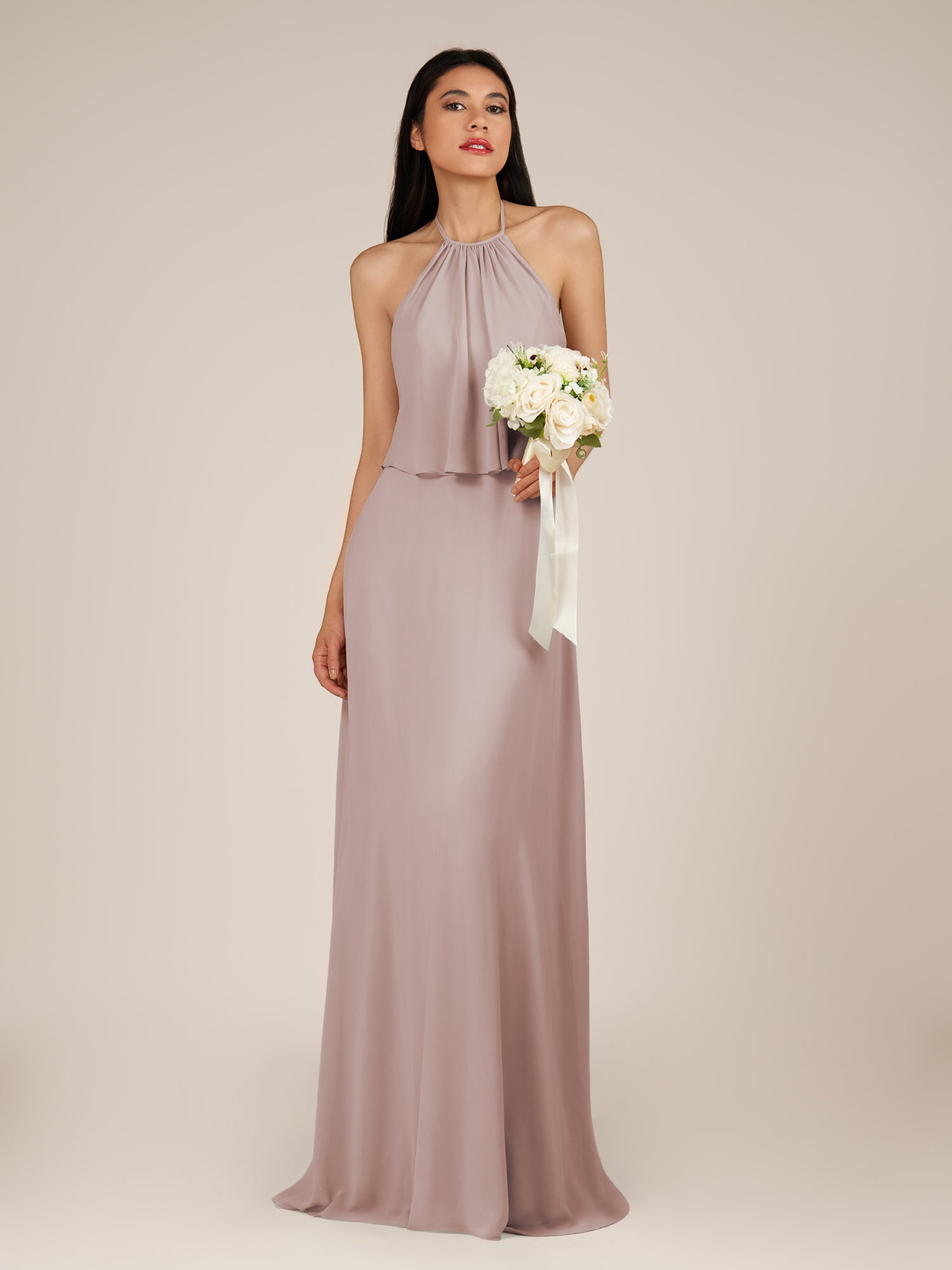 KissDress-Rhoswen Toffee Sheath Chiffon Halter Neck Long Bridesmaid Dress