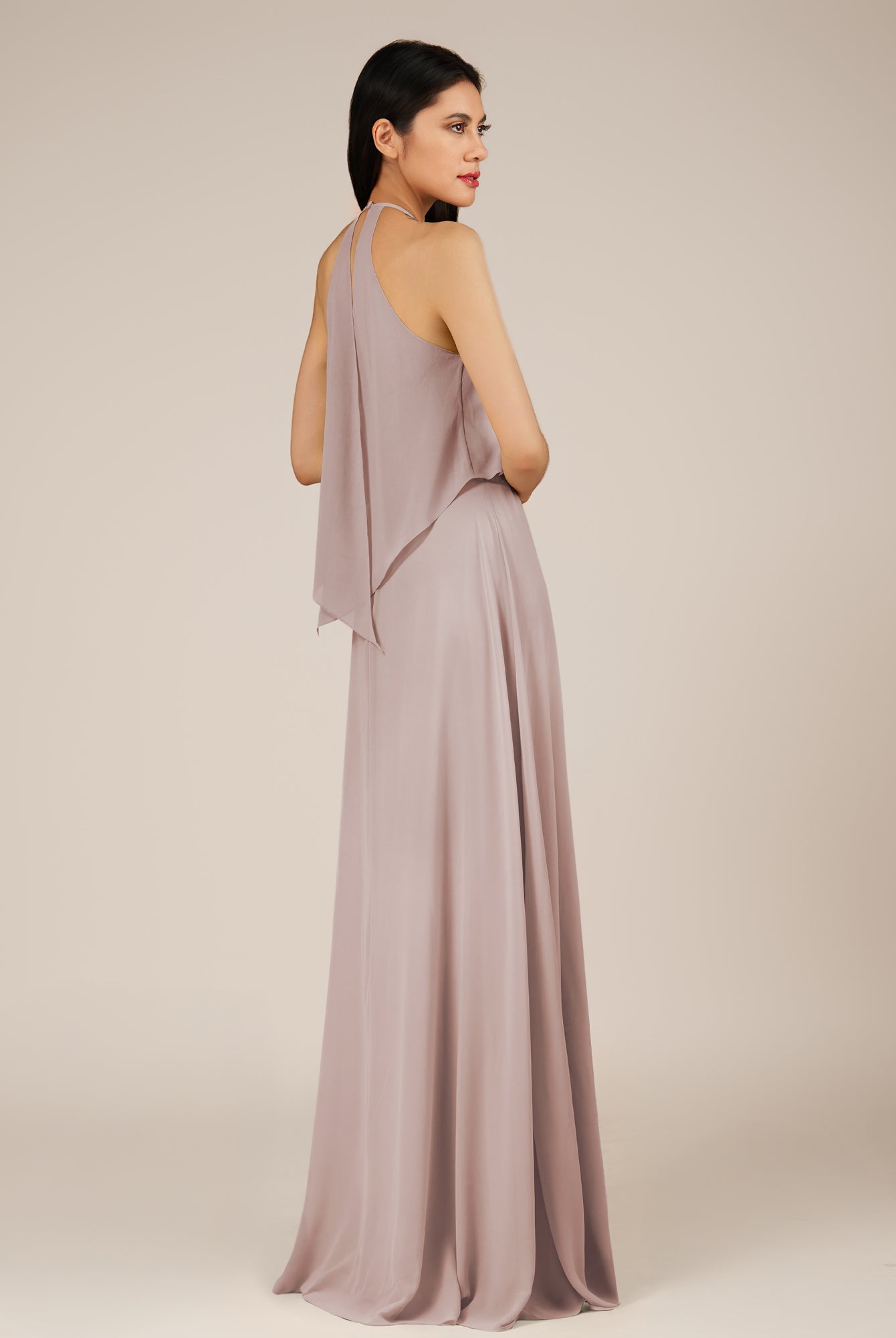 KissDress-Rhoswen Toffee Sheath Chiffon Halter Neck Long Bridesmaid Dress