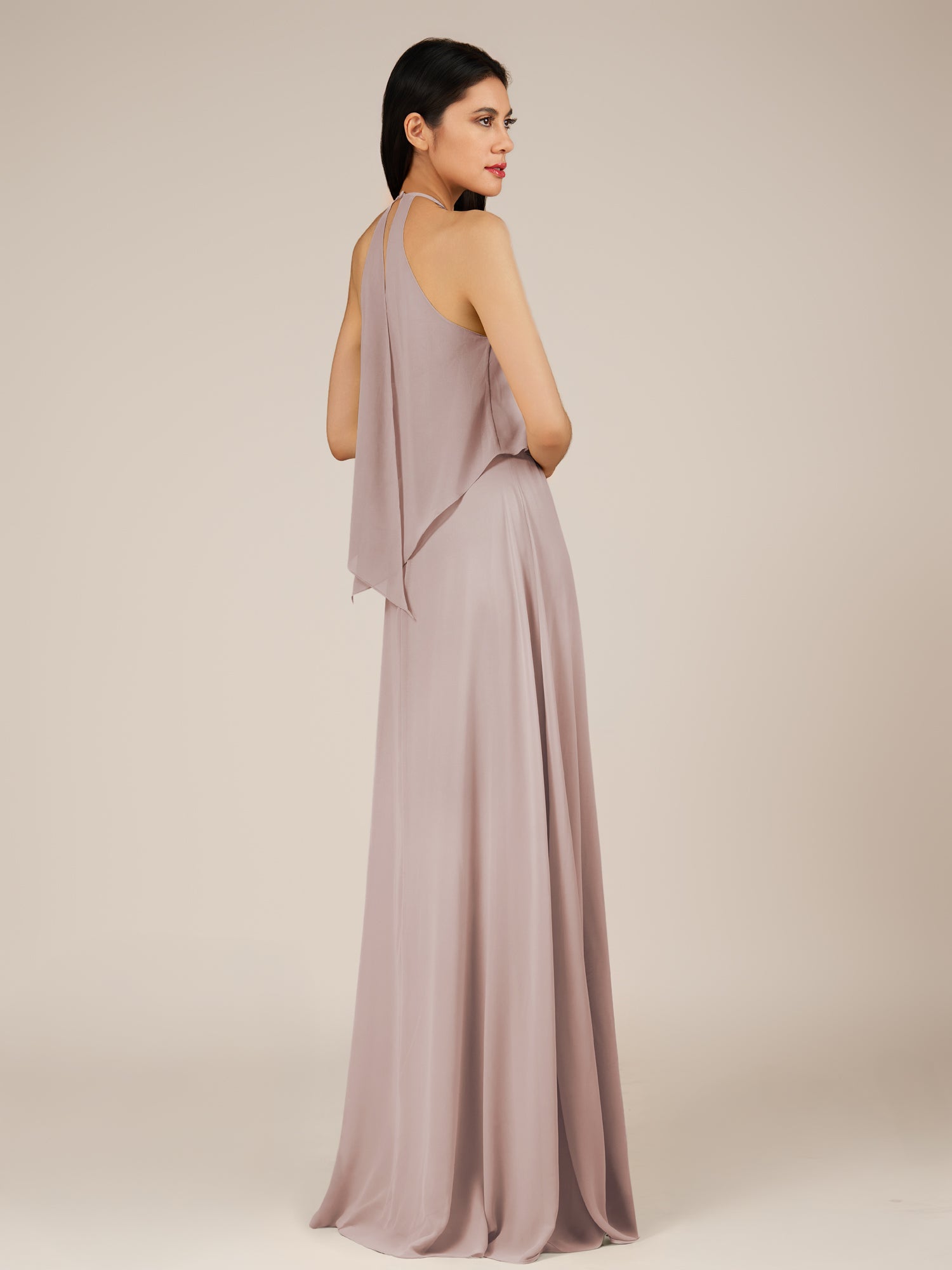 KissDress-Rhoswen Toffee Sheath Chiffon Halter Neck Long Bridesmaid Dress