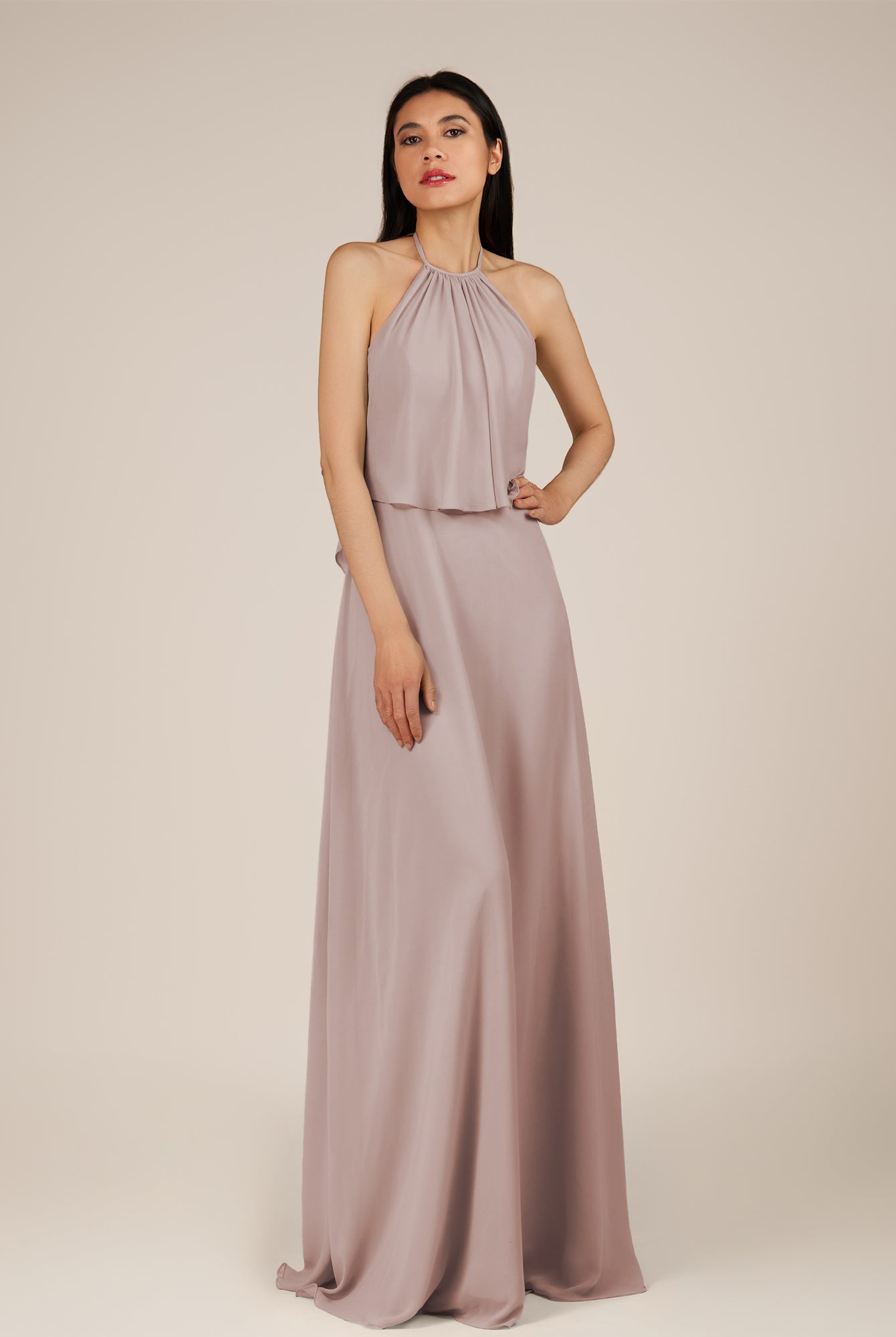 KissDress-Rhoswen Toffee Sheath Chiffon Halter Neck Long Bridesmaid Dress