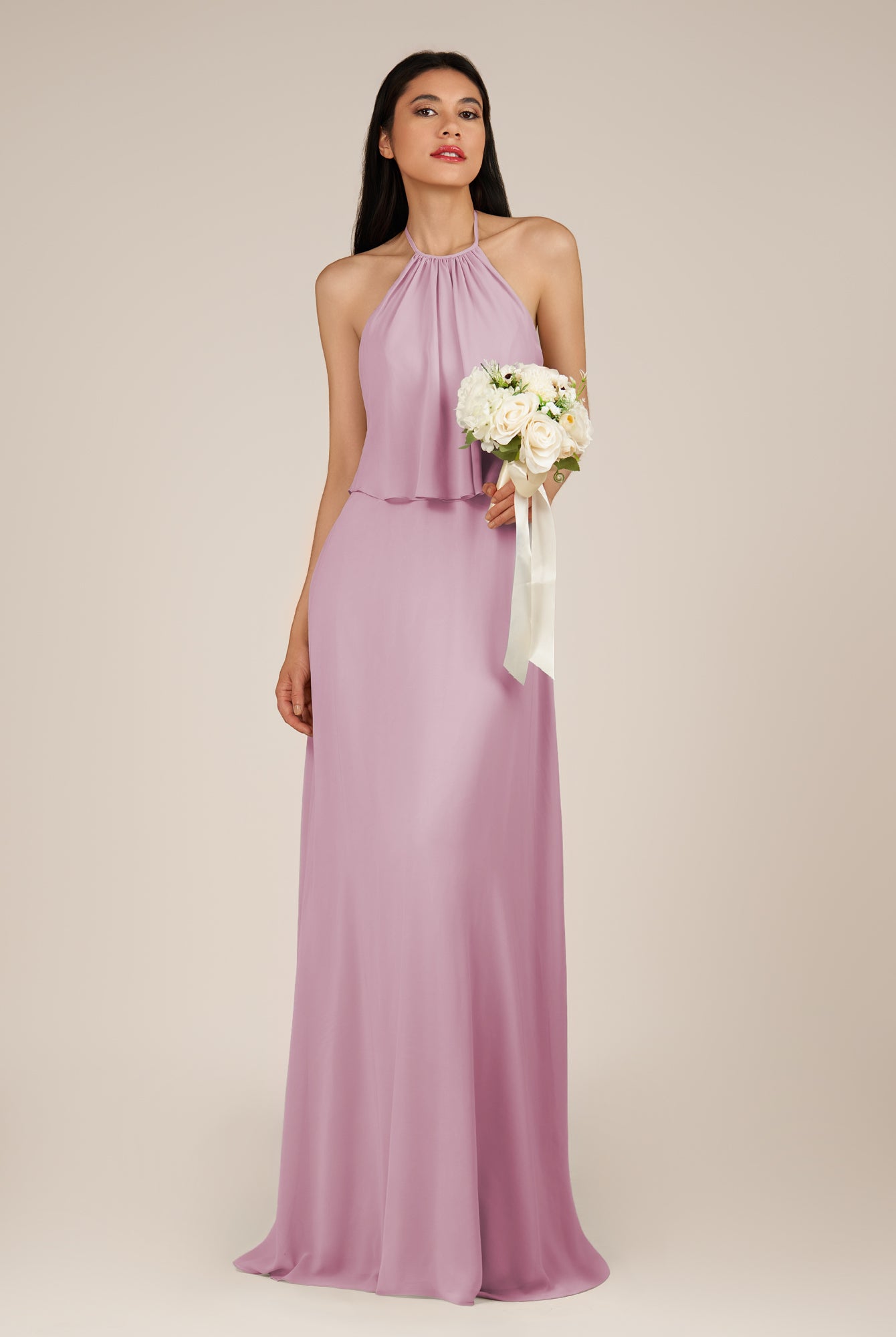 KissDress-Rhoswen Vintage Mauve Sheath Chiffon Halter Neck Long Bridesmaid Dress