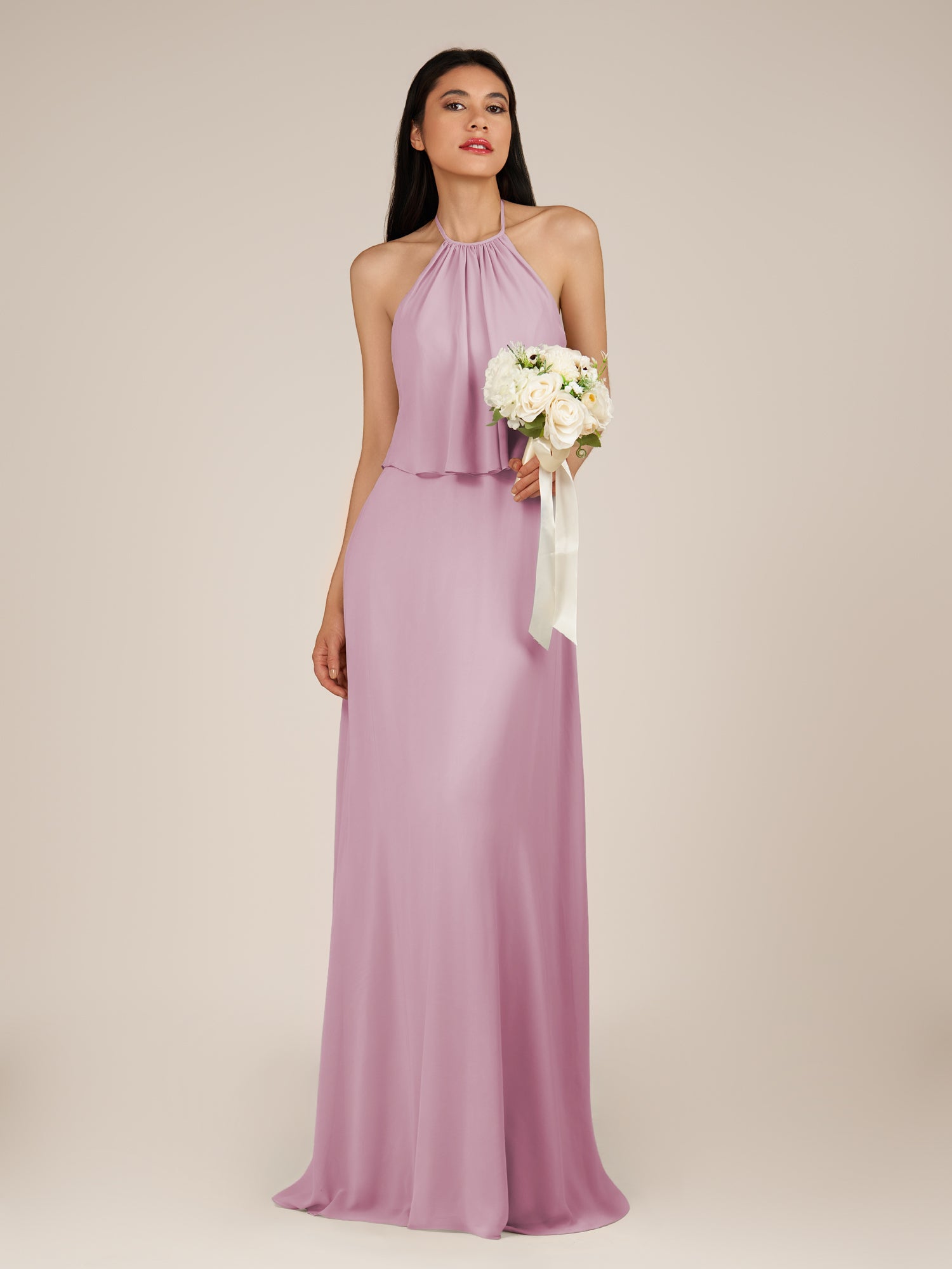 KissDress-Rhoswen Vintage Mauve Sheath Chiffon Halter Neck Long Bridesmaid Dress