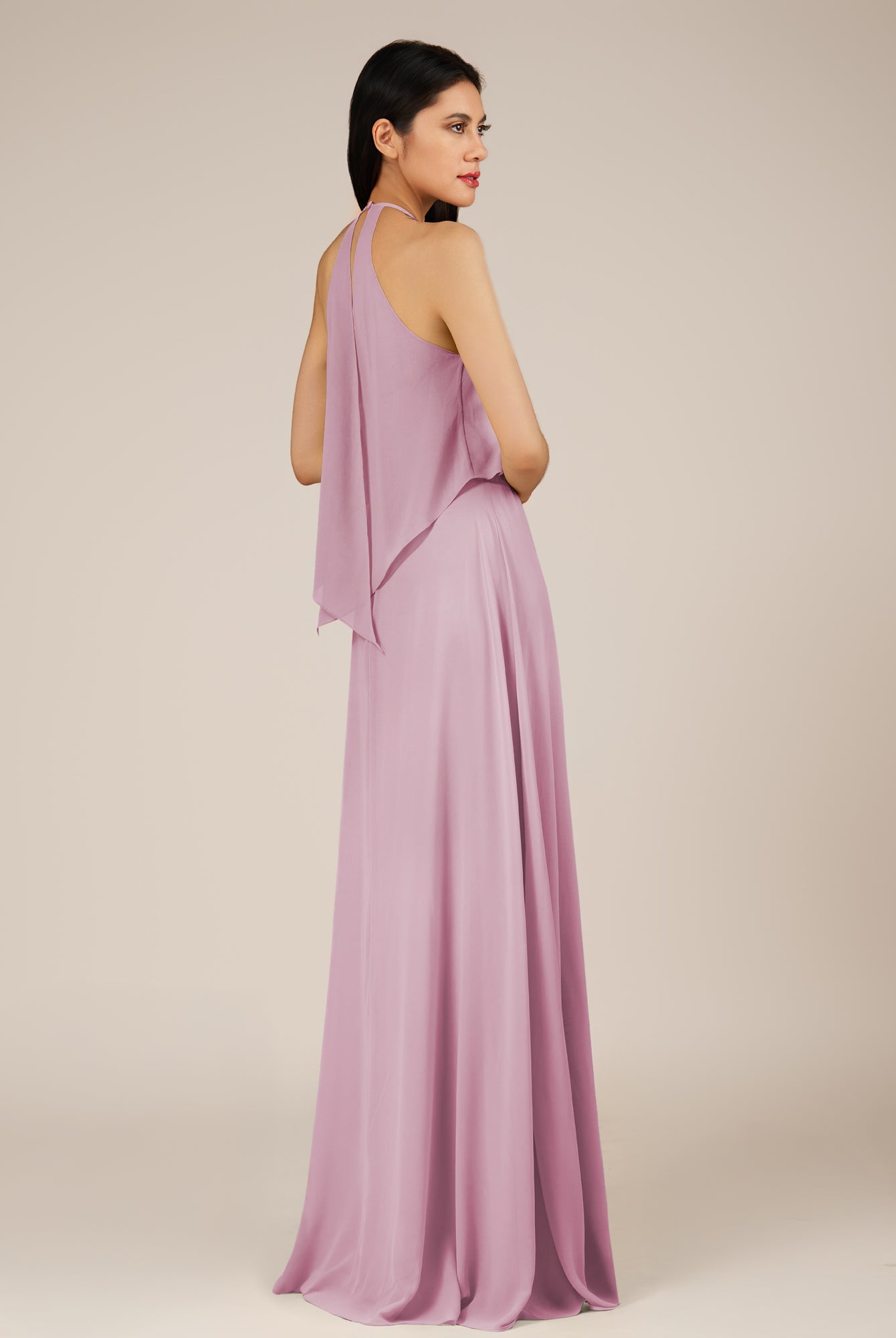 KissDress-Rhoswen Vintage Mauve Sheath Chiffon Halter Neck Long Bridesmaid Dress