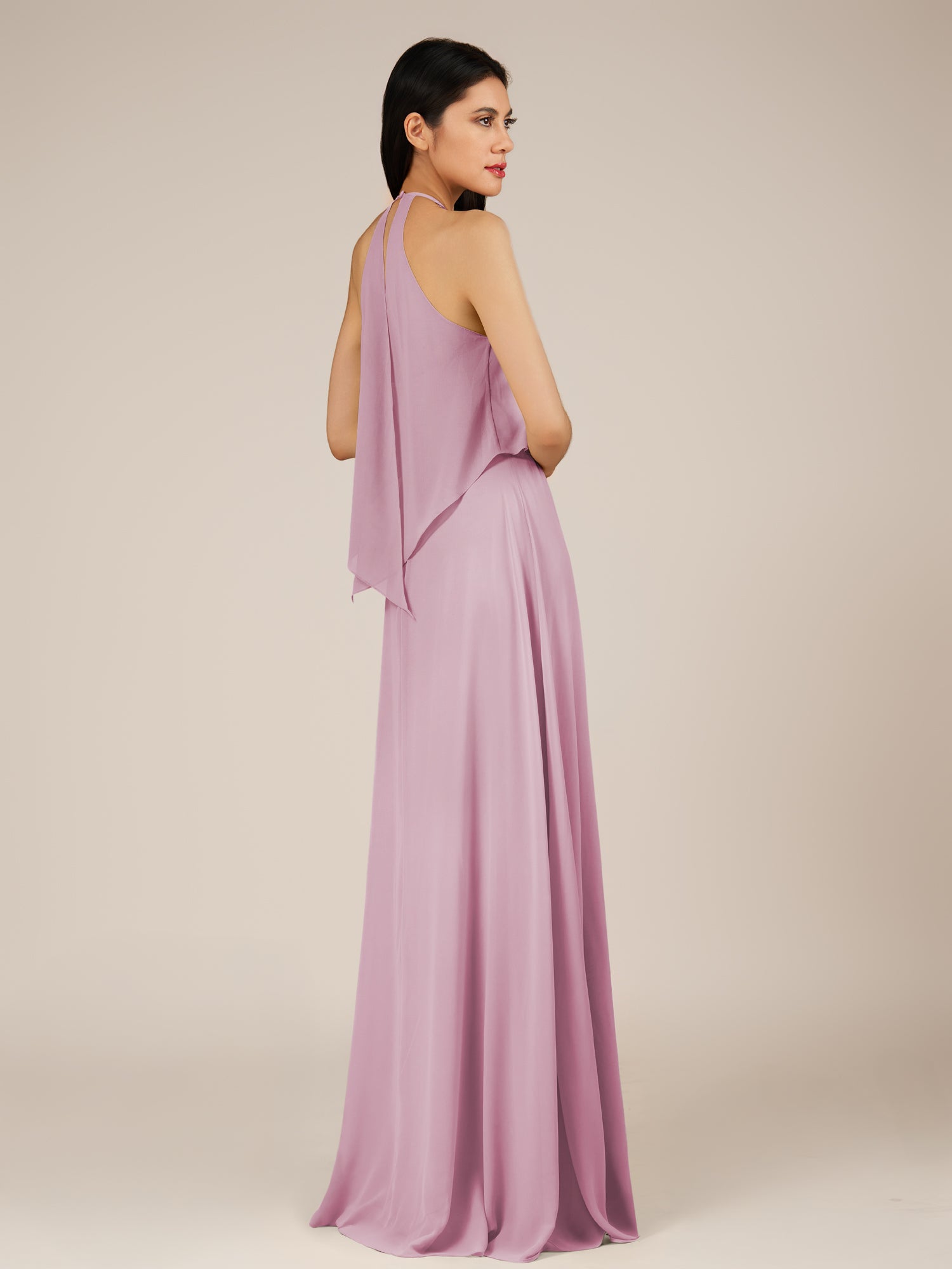 KissDress-Rhoswen Vintage Mauve Sheath Chiffon Halter Neck Long Bridesmaid Dress