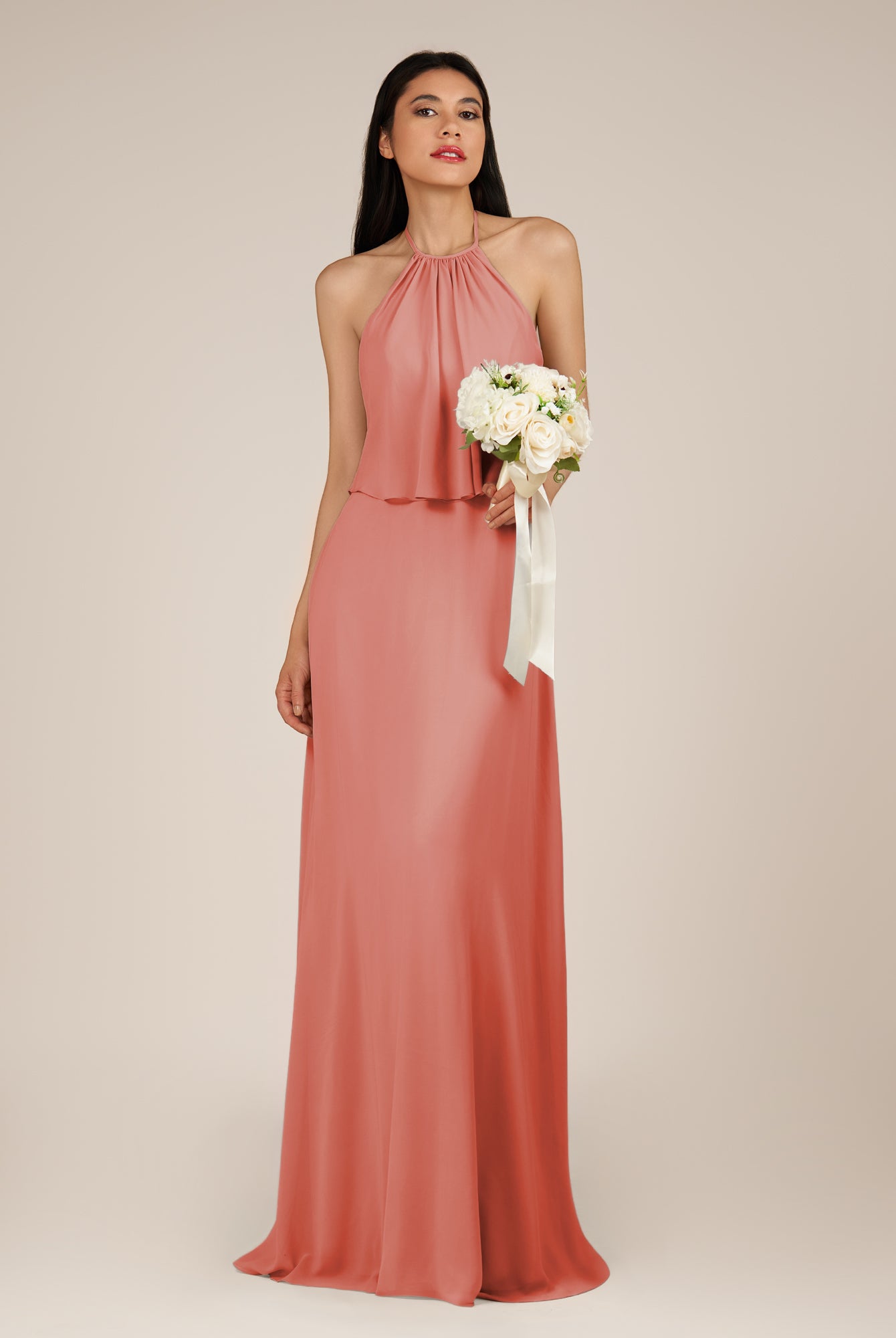 KissDress-Rhoswen Wild Rose Sheath Chiffon Halter Neck Long Bridesmaid Dress