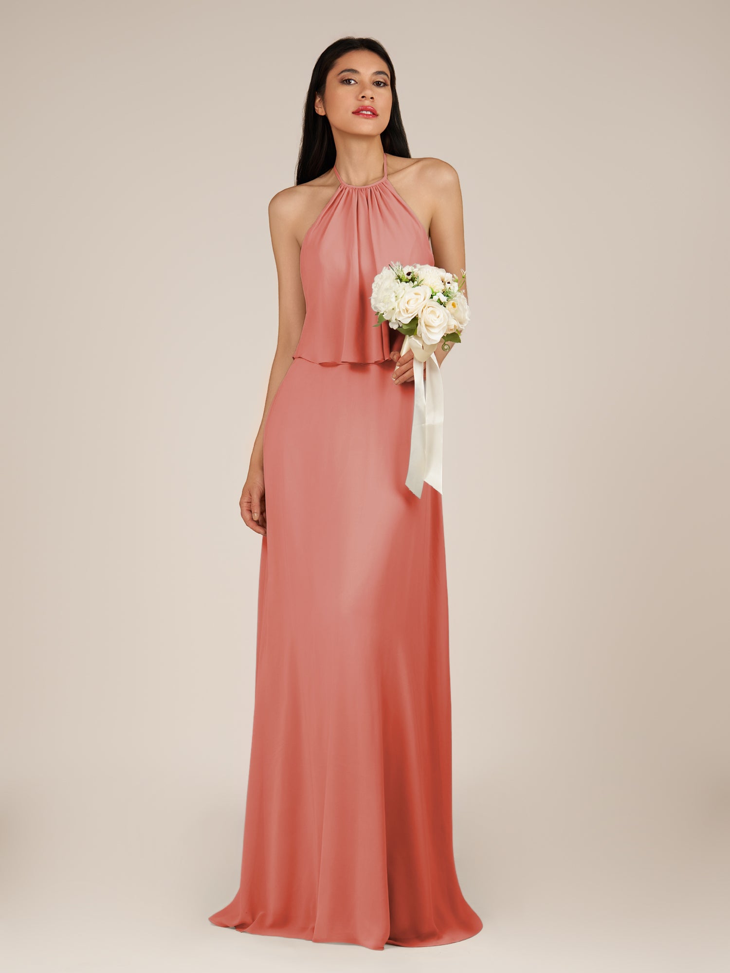 KissDress-Rhoswen Wild Rose Sheath Chiffon Halter Neck Long Bridesmaid Dress