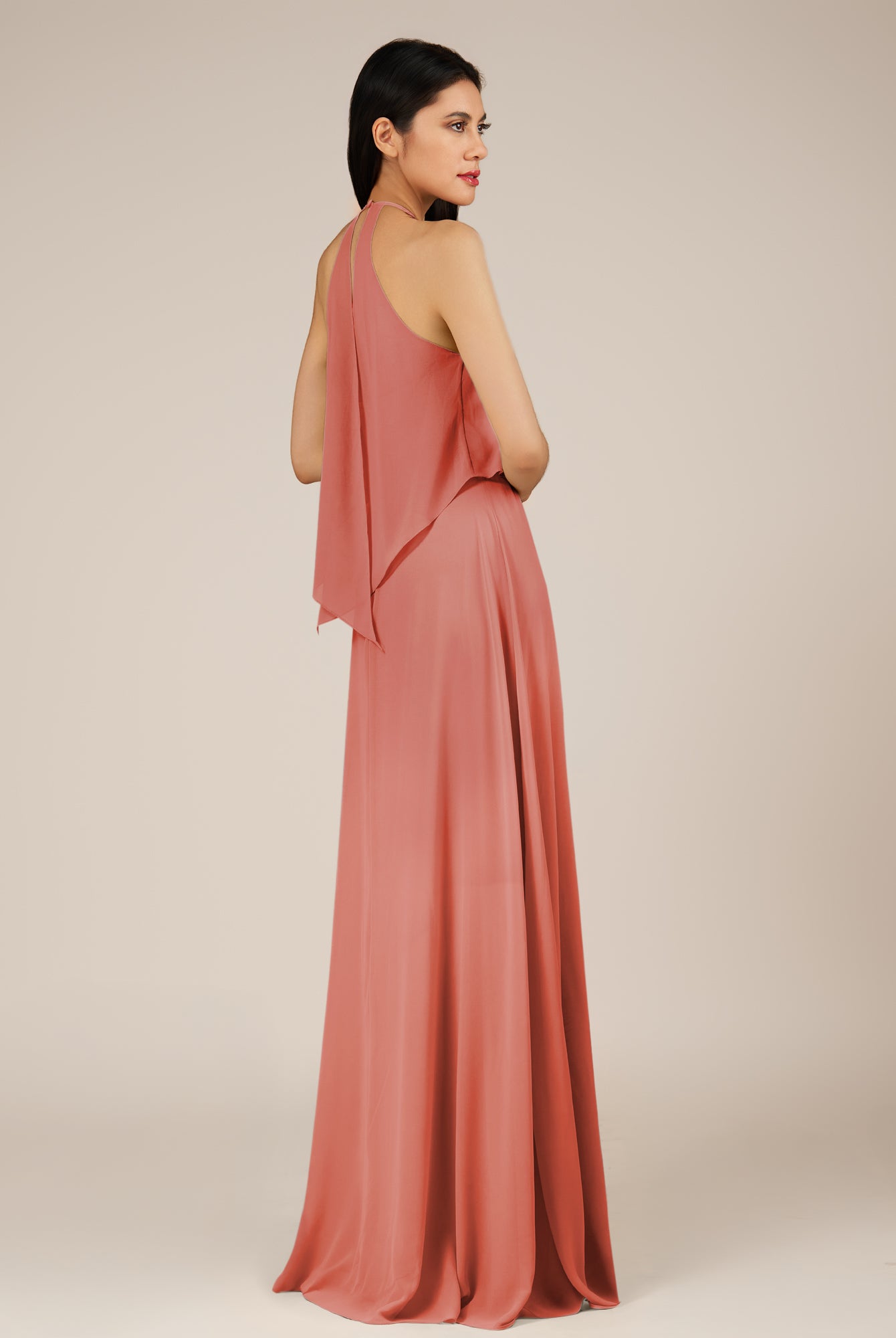 KissDress-Rhoswen Wild Rose Sheath Chiffon Halter Neck Long Bridesmaid Dress