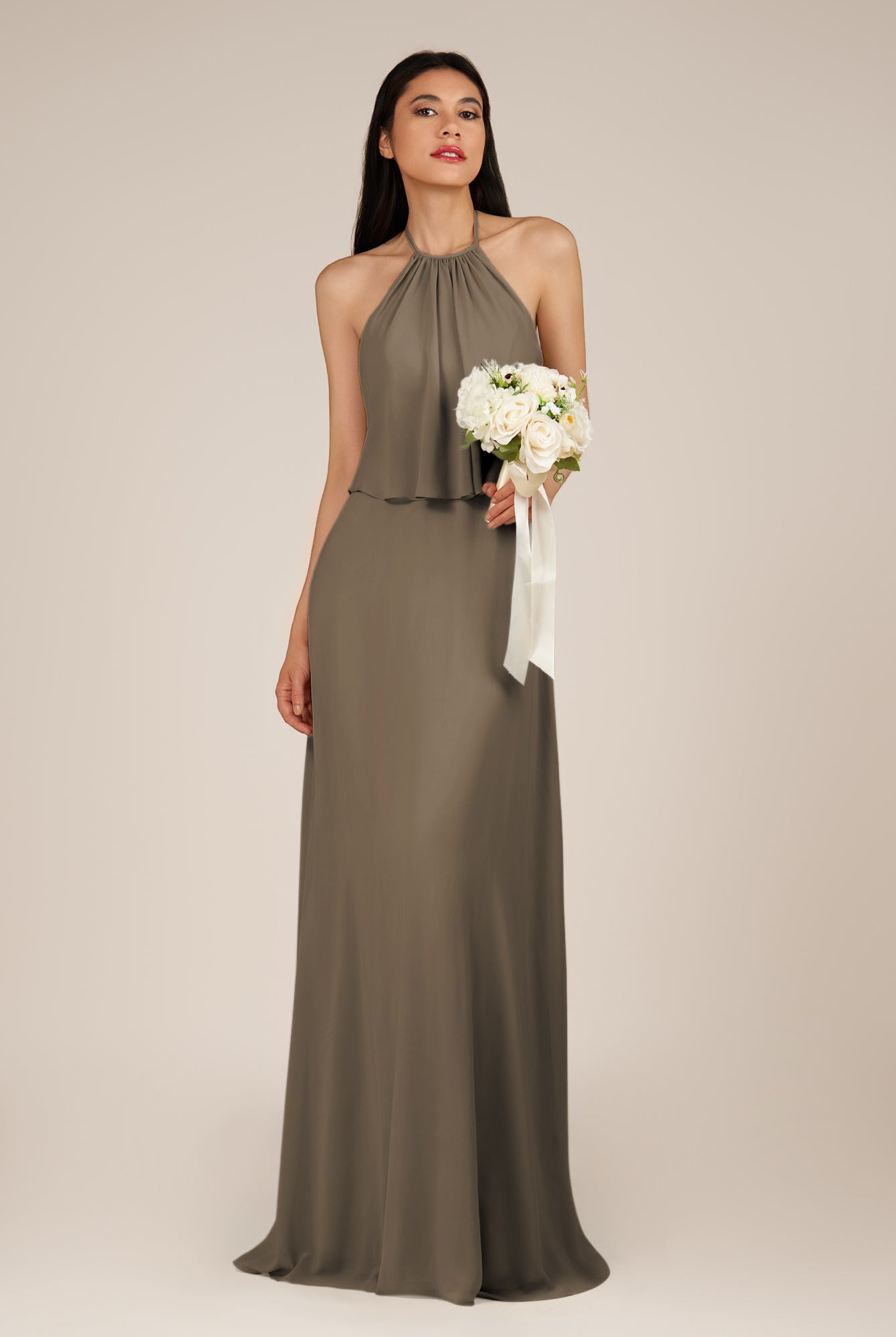 KissDress-Rhoswen Willow Green Sheath Chiffon Halter Neck Long Bridesmaid Dress