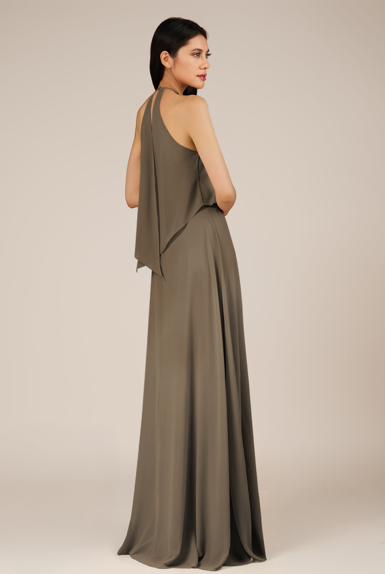 KissDress-Rhoswen Willow Green Sheath Chiffon Halter Neck Long Bridesmaid Dress