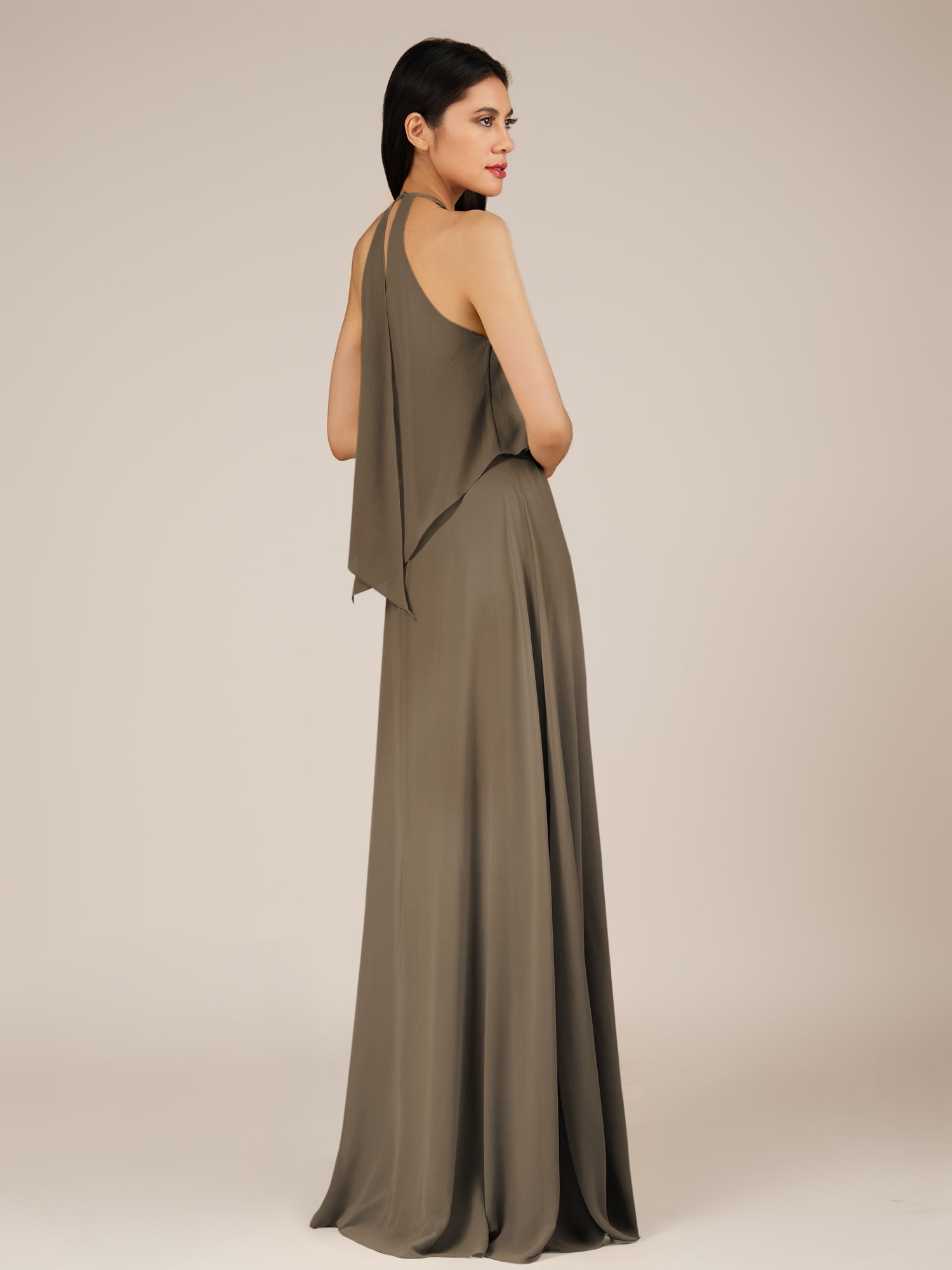 KissDress-Rhoswen Willow Green Sheath Chiffon Halter Neck Long Bridesmaid Dress