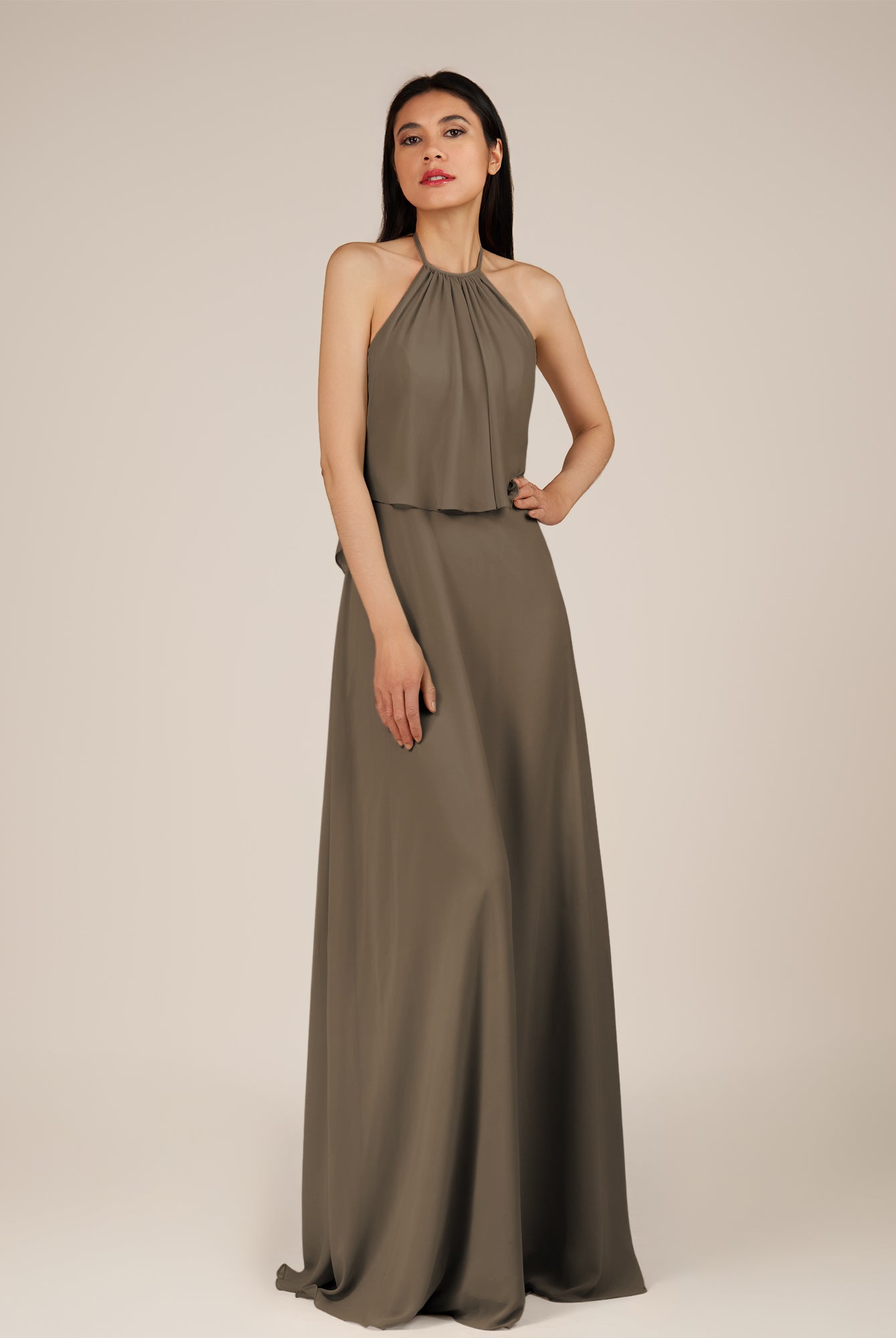 KissDress-Rhoswen Willow Green Sheath Chiffon Halter Neck Long Bridesmaid Dress