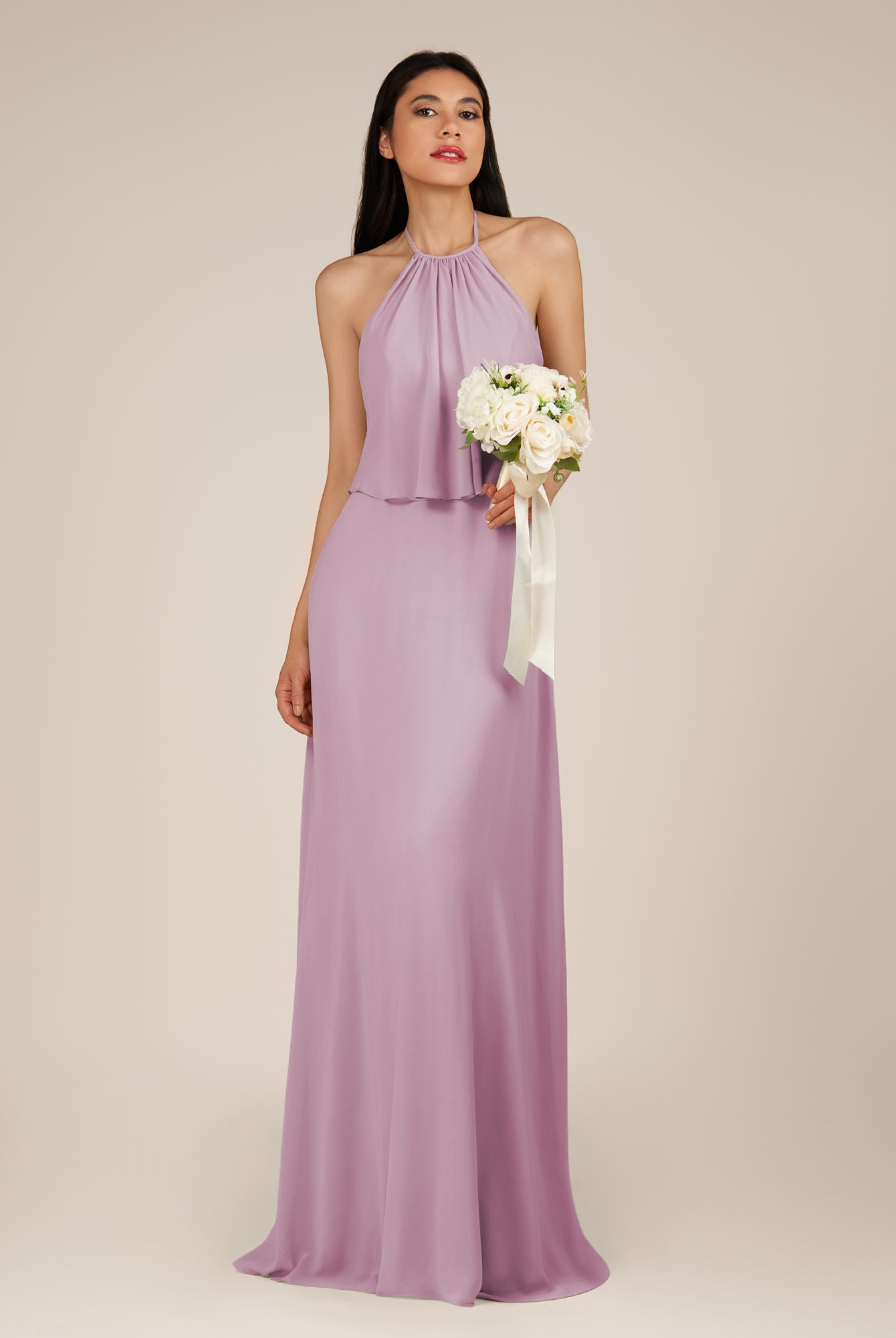 KissDress-Rhoswen Wisteria Sheath Chiffon Halter Neck Long Bridesmaid Dress