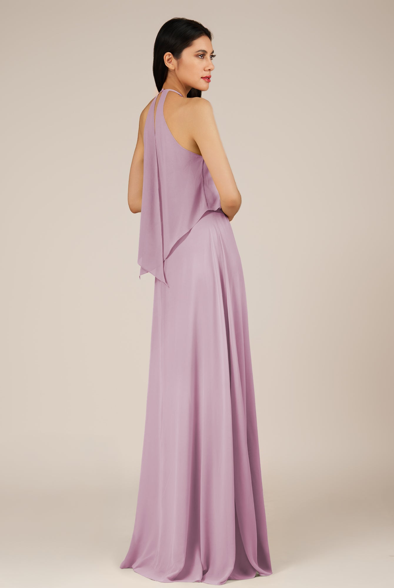 KissDress-Rhoswen Wisteria Sheath Chiffon Halter Neck Long Bridesmaid Dress
