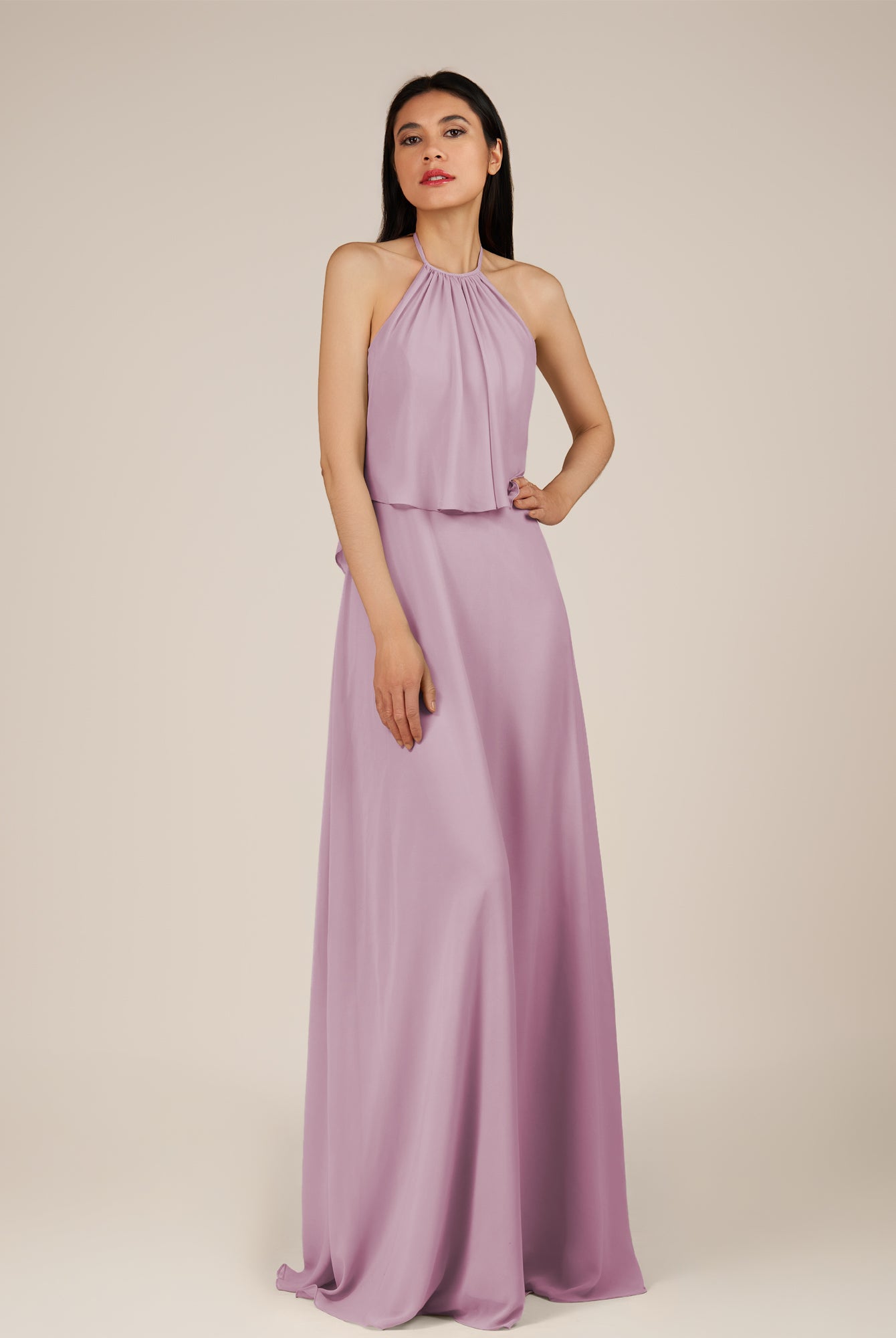 KissDress-Rhoswen Wisteria Sheath Chiffon Halter Neck Long Bridesmaid Dress