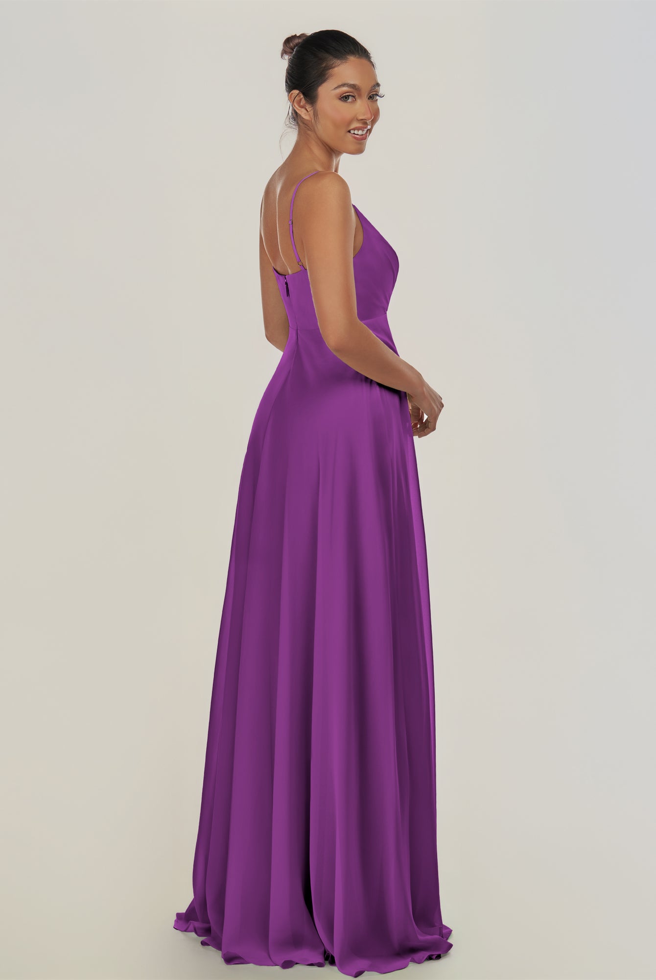 KissDress-Risa Amethyst A Line Chiffon V Neck Long Bridesmaid Dress with Pleats