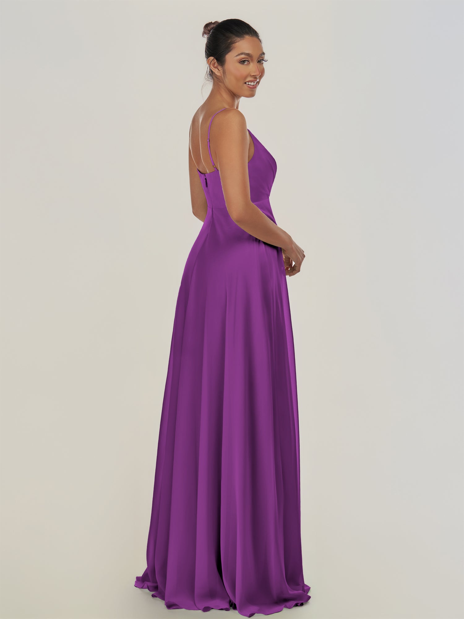 KissDress-Risa Amethyst A Line Chiffon V Neck Long Bridesmaid Dress with Pleats